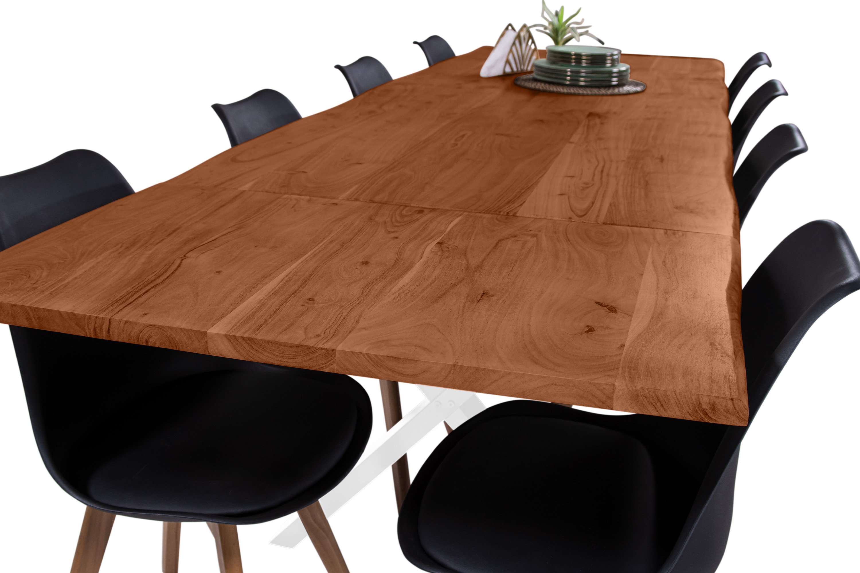 Esstisch Baumkante Akazie nuss 160(260)x90 Ansteckplatten X-Gestell weiß AVINO