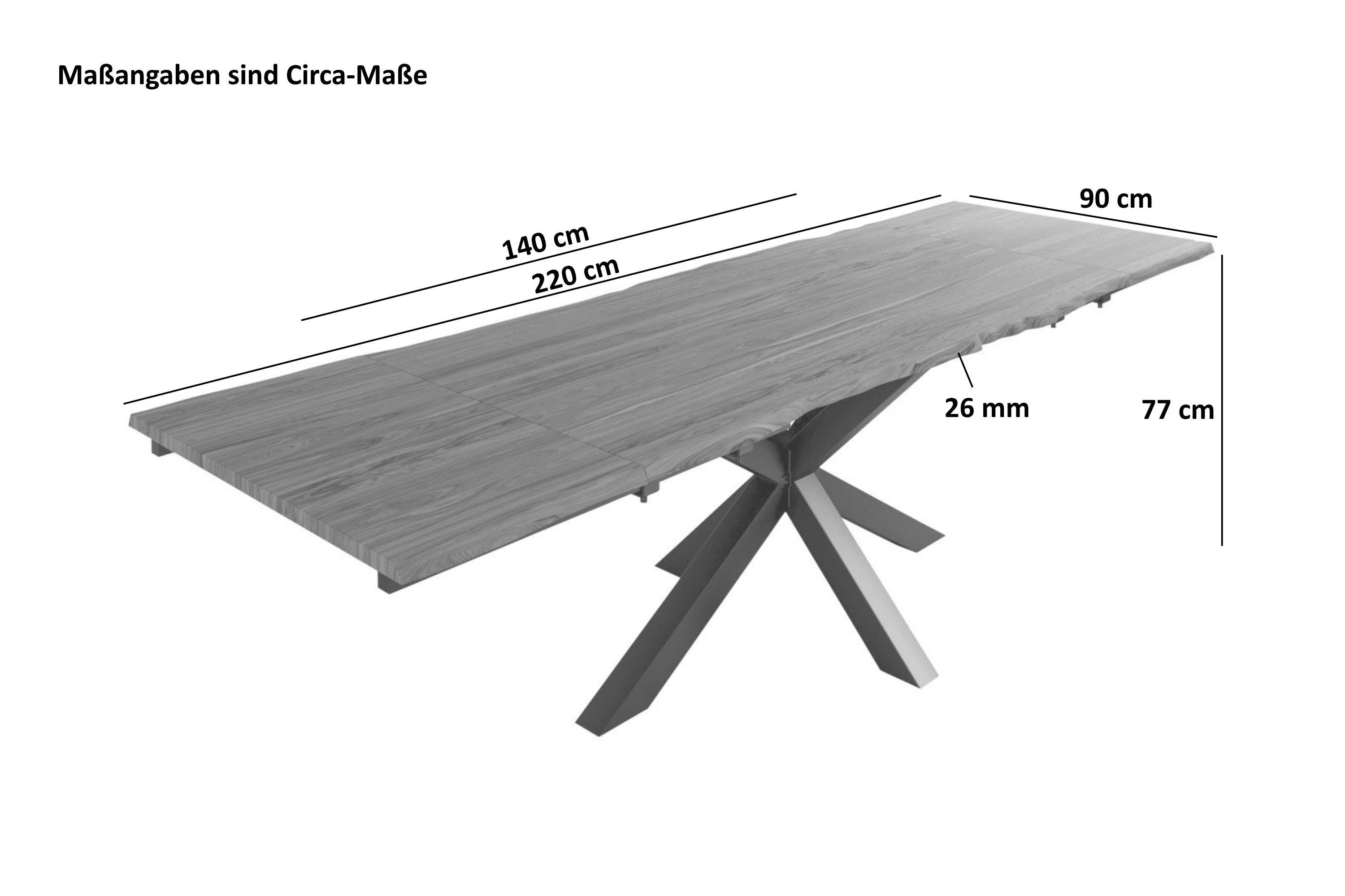 Baumkantentisch Akazie stonefarben 140(220)x90 cm Ansteckplatten Spider-Gestell schwarz JANNIK Baumkantentisch Akazie stonefarben 140(220)x90 cm Ansteckplatten Spider-Gestell schwarz JANNIK