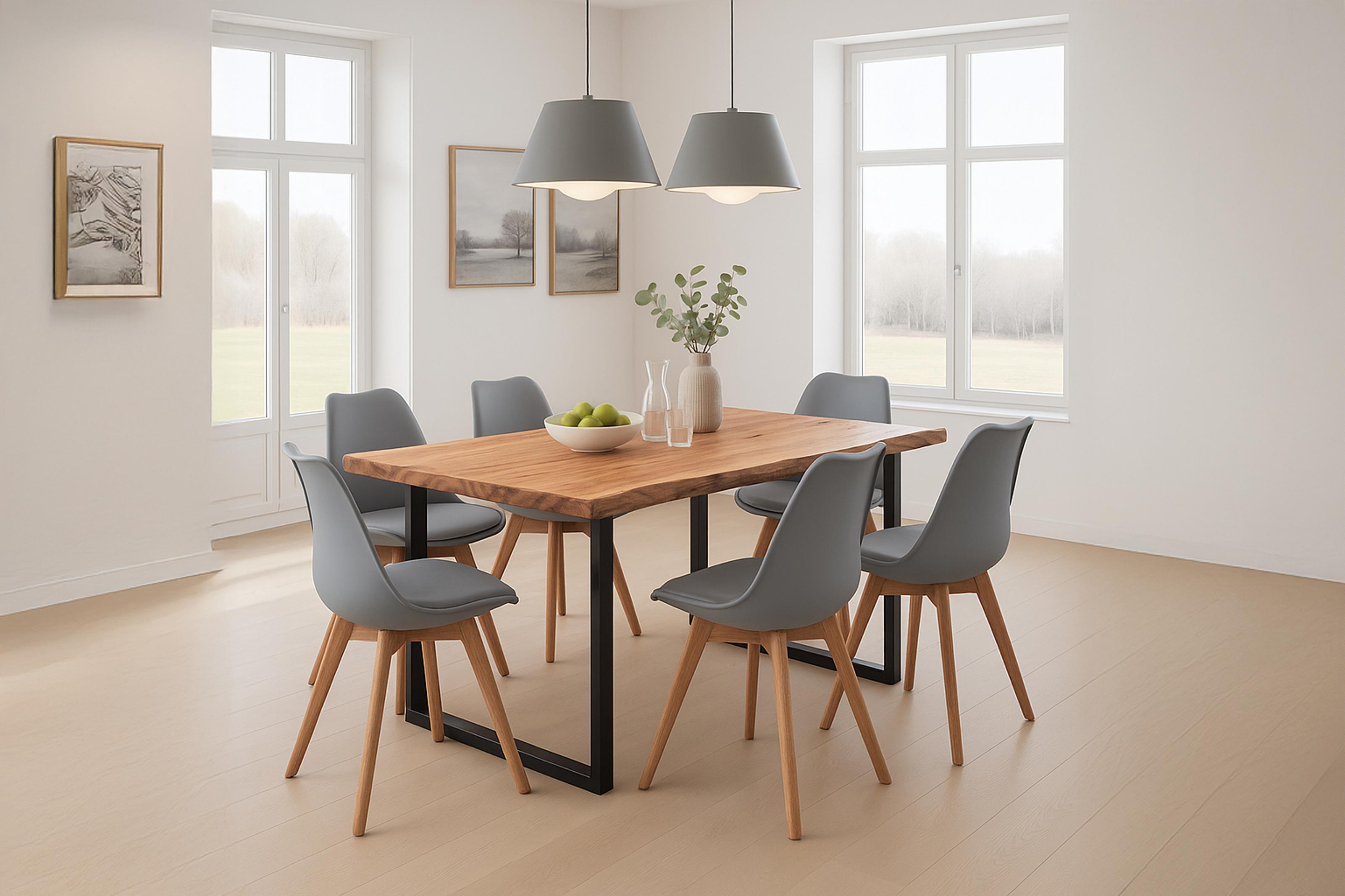 Essgruppe Baumkante massiv 200 x 100 cm Akazie naturfarben U-Gestell schwarz & 6 Stühle grau QUINN