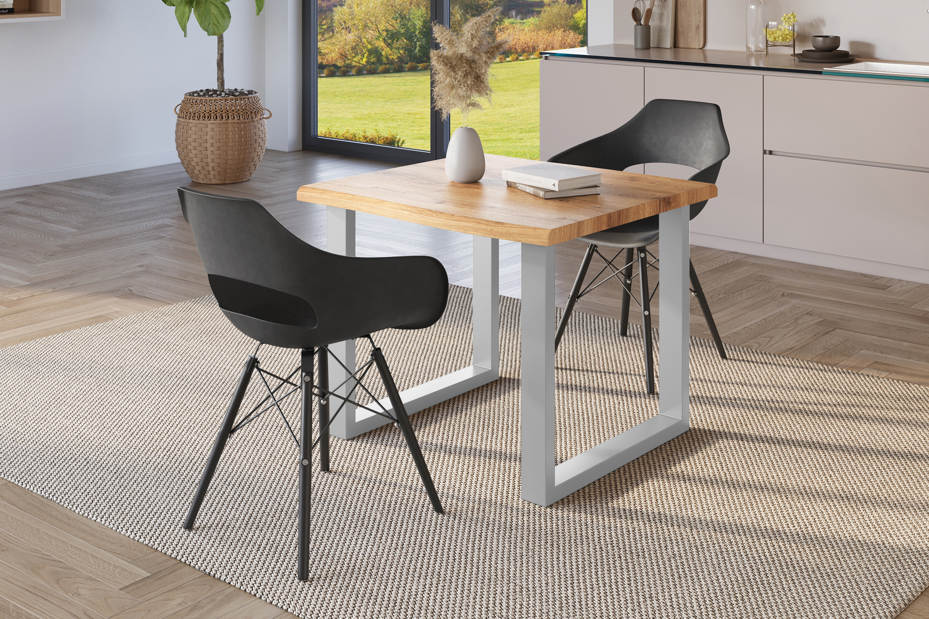 Esstisch Baumkante Holz-Optik Wildeiche 80 x 80 U-Gestell silber JULIUS