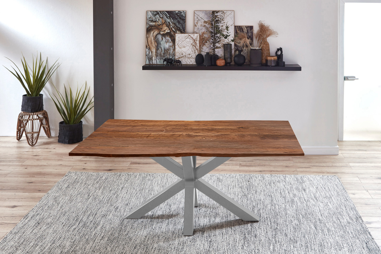  Esstisch Baumkante massiv Akazie nussbaum 120 cm Spider-Gestell silber QUINCY