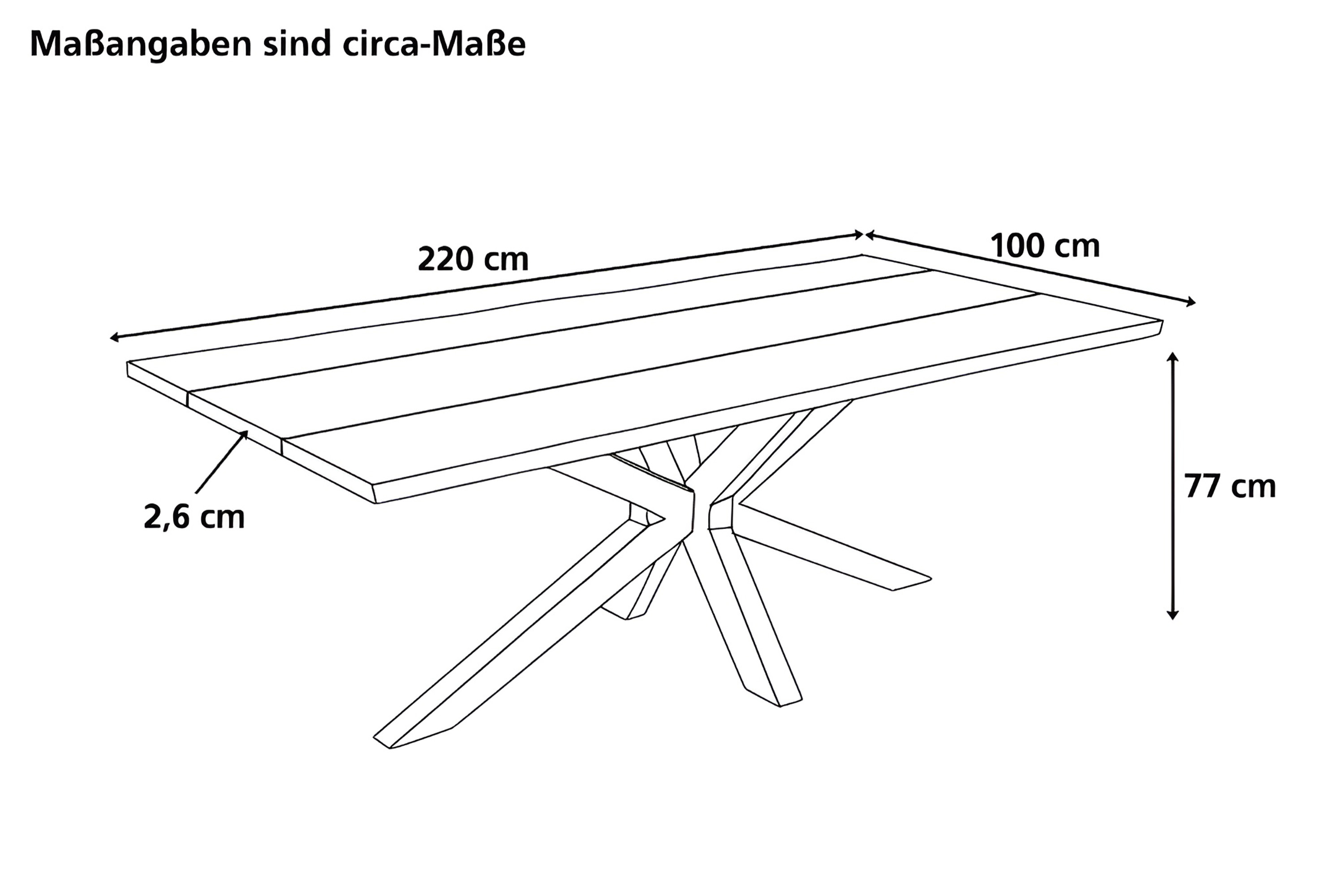 Esstisch 220 x 100 cm Akazie massiv natur mit schwarzen Resin-Adern Spider-Gestell Holz natur PETER