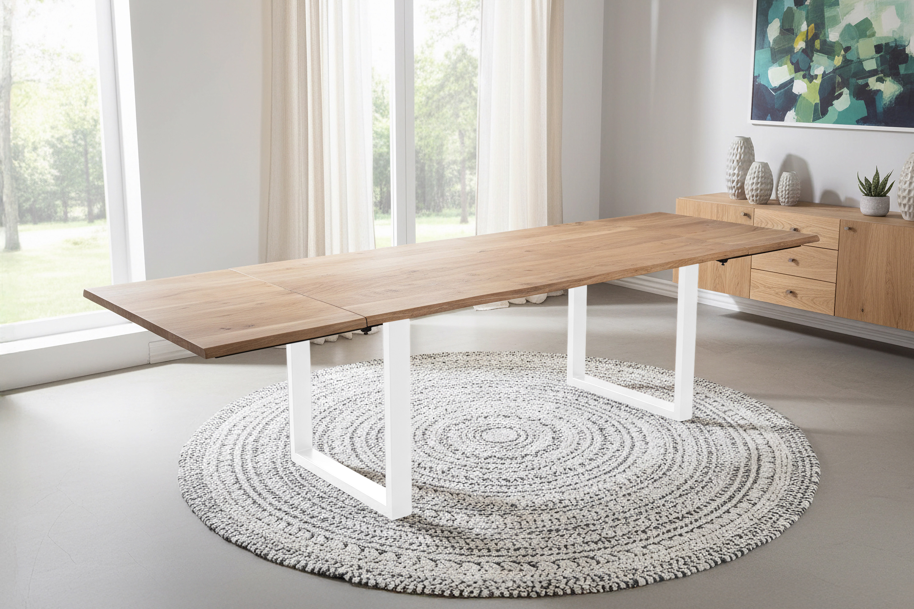 Esstisch Baumkante Akazie natur 180(280)x90 Ansteckplatten U-Gestell weiß AVINO