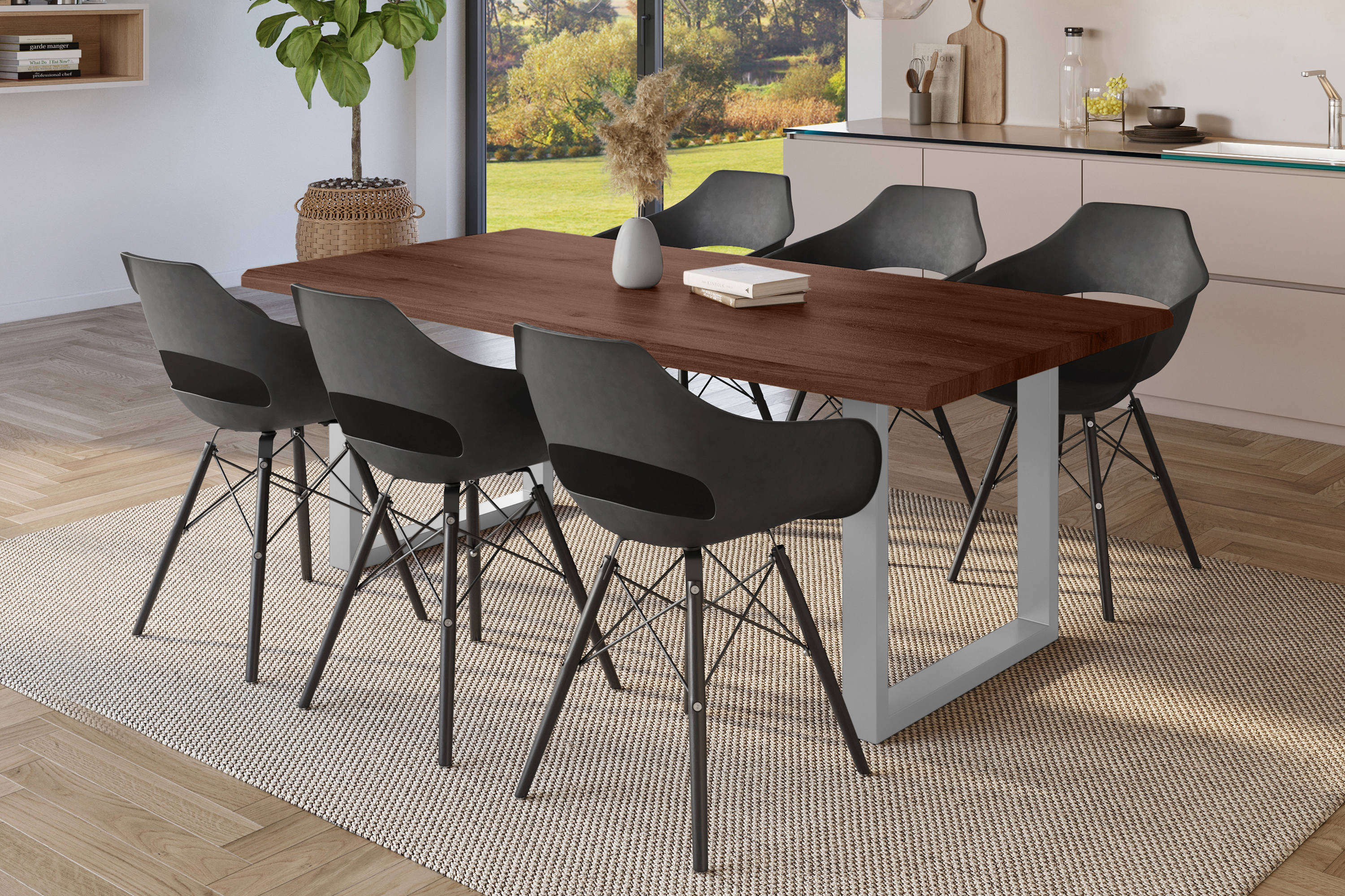 Esstisch Baumkante Holz-Optik Nussbaum 240 x 100 U-Gestell silber JULIUS