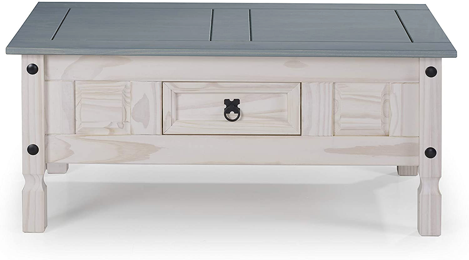 Couchtisch 100 x 60 cm mit Schublade Pinienholz weiß grau lasiert MEXICO