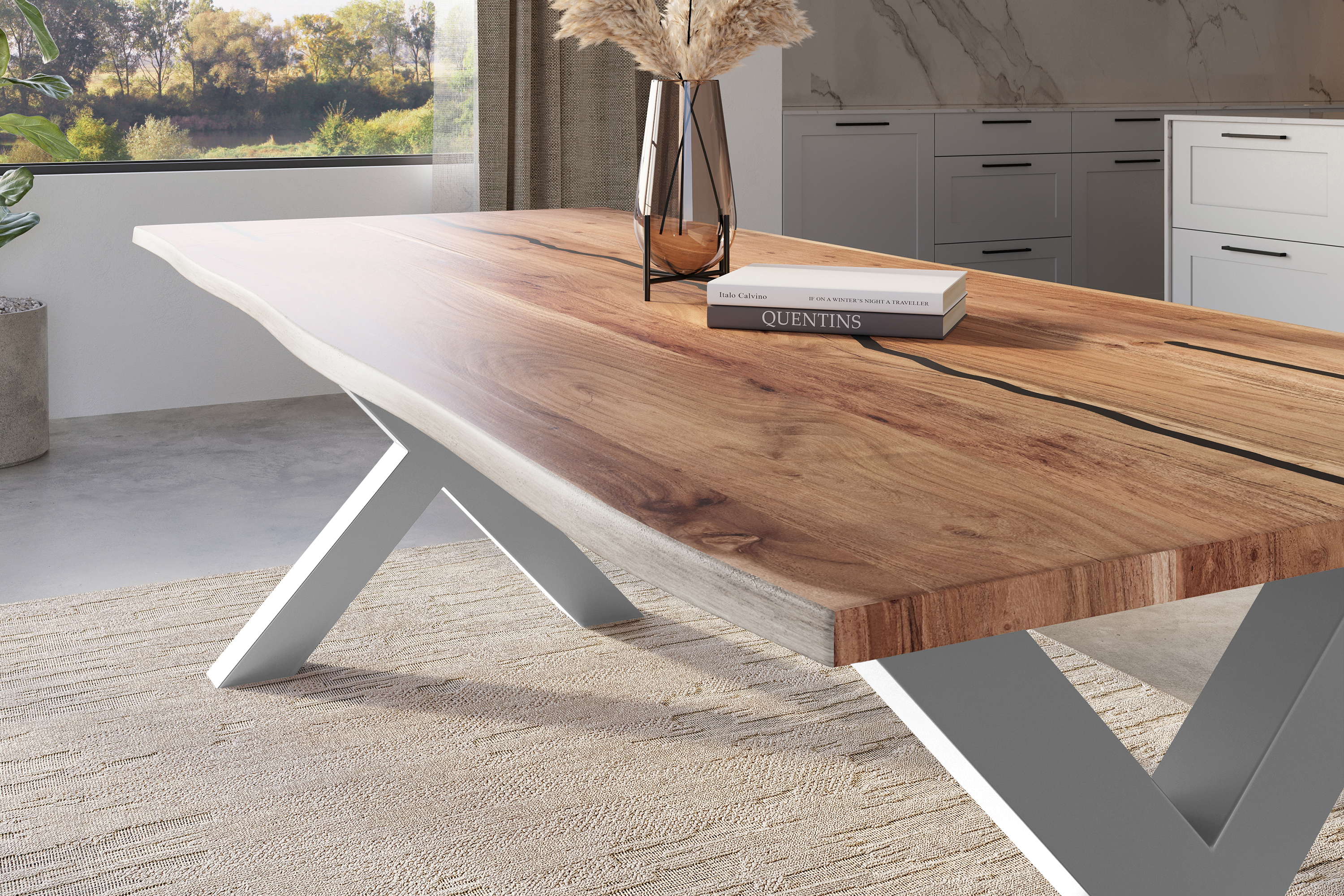 Baumkantentisch Akazie mit schwarzen Resin-Adern naturfarben 260 x 100 cm X-Gestell silber POLLY