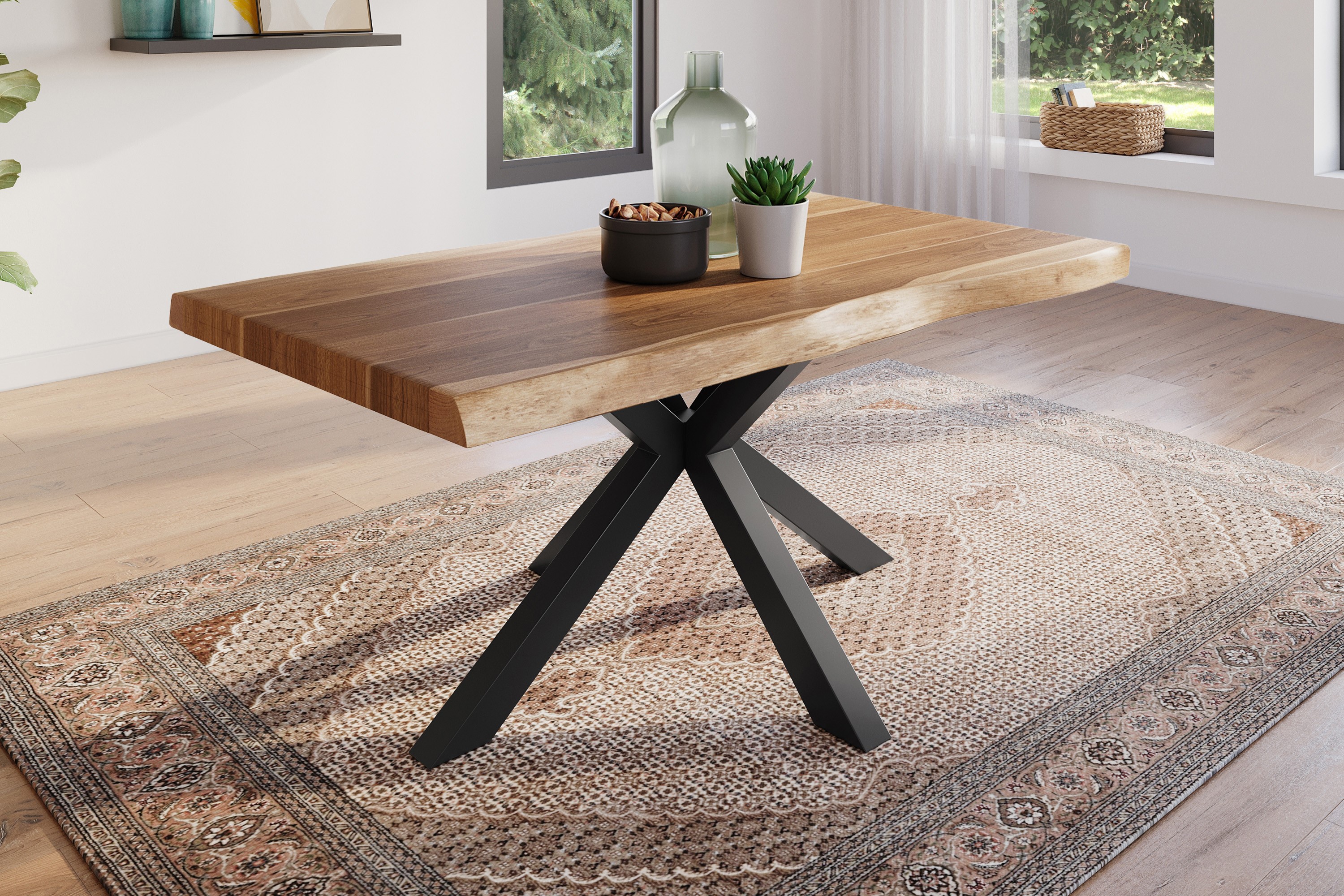 Esstisch Baumkante massiv Akazie natur 120 x 80 Spider-Gestell schwarz ATLAS