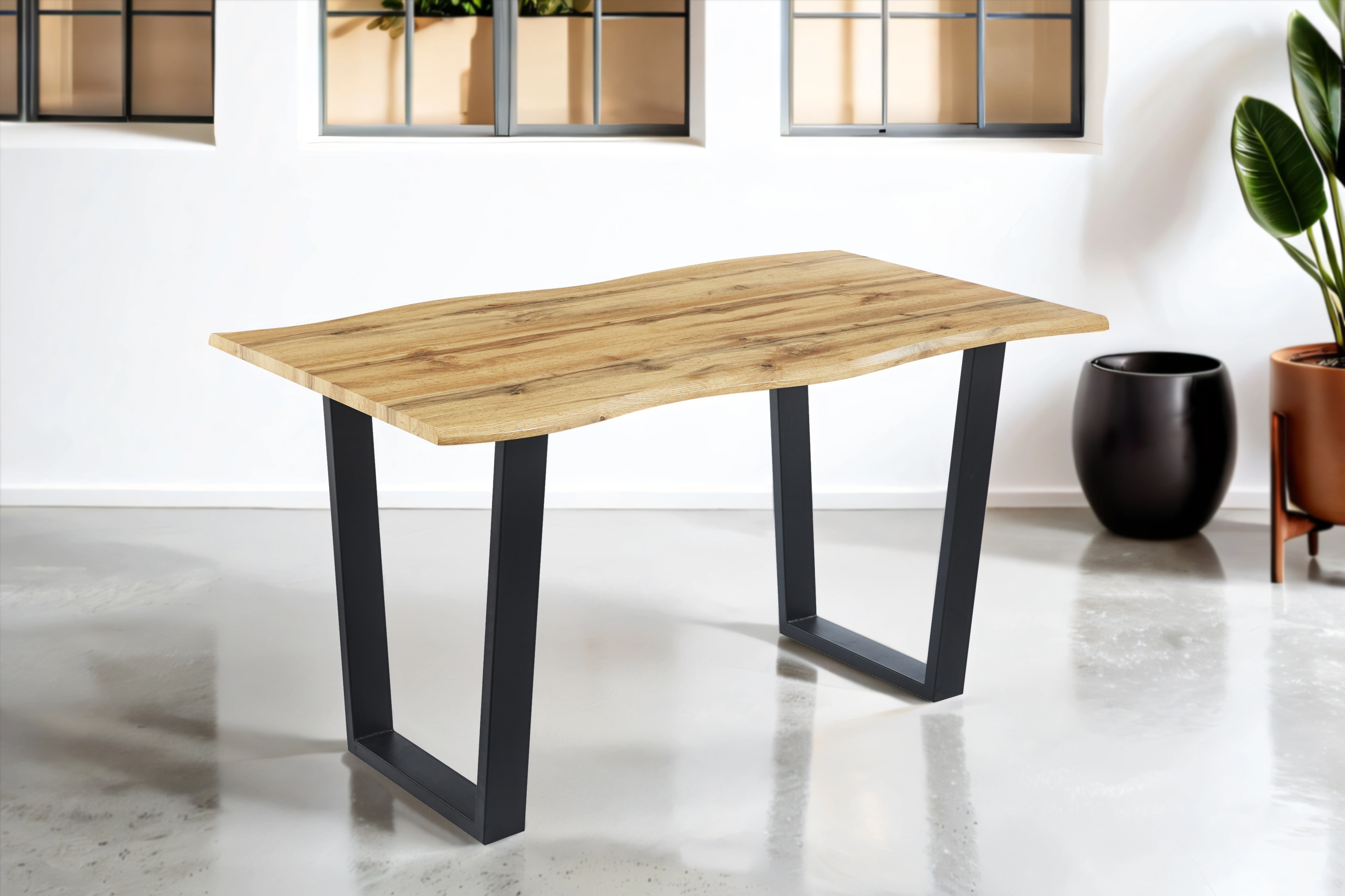 Esstisch Baumkante Holz Wildeiche-Optik 140 x 80 V-Gestell Metall schwarz KOPENHAGEN