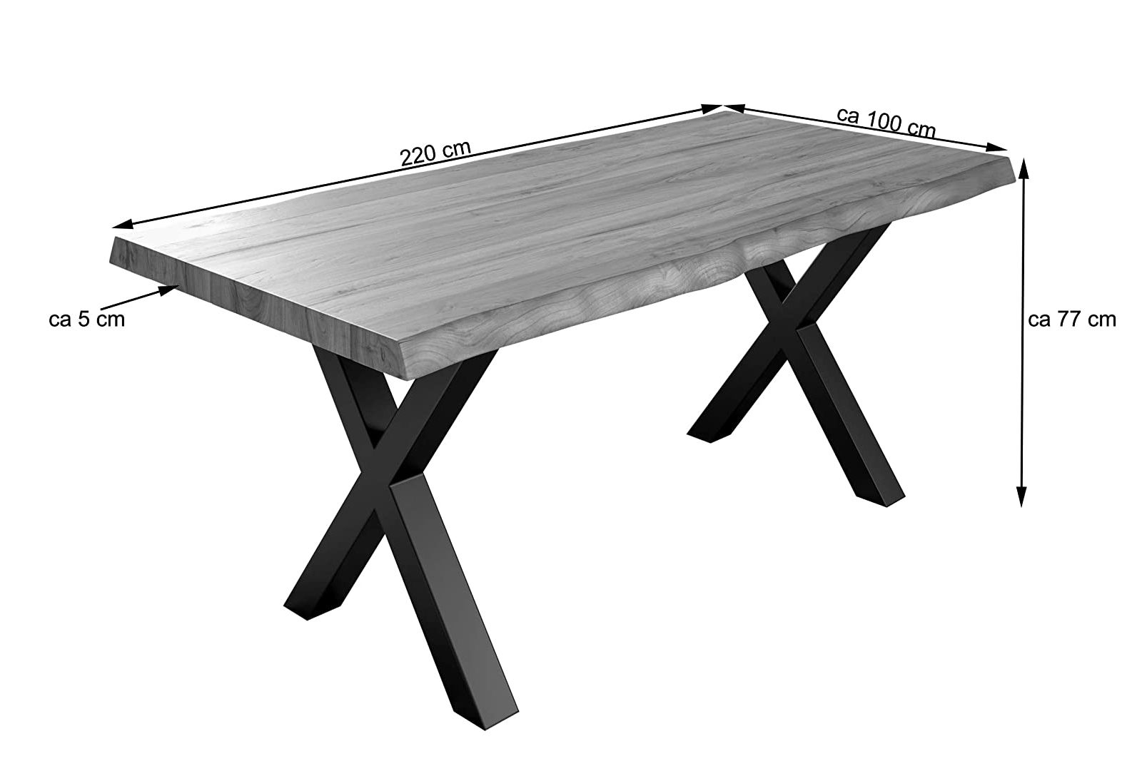  Esstisch Baumkante massiv Akazie natur 220 x 100 silber X-Gestell XEREZ