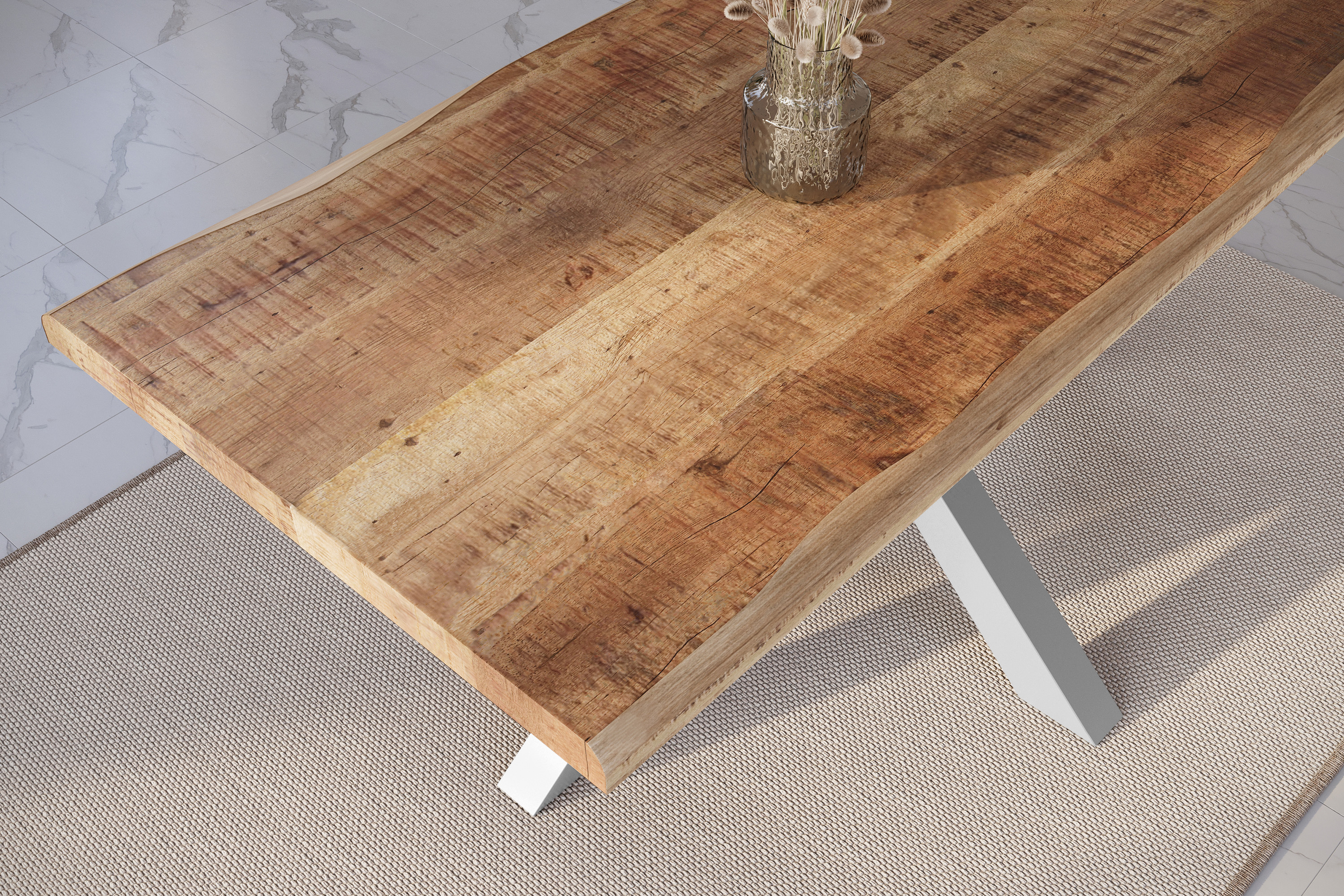 Esstisch Baumkante massiv Mango rough 200 x 100 Spider-Gestell silber ATLAS