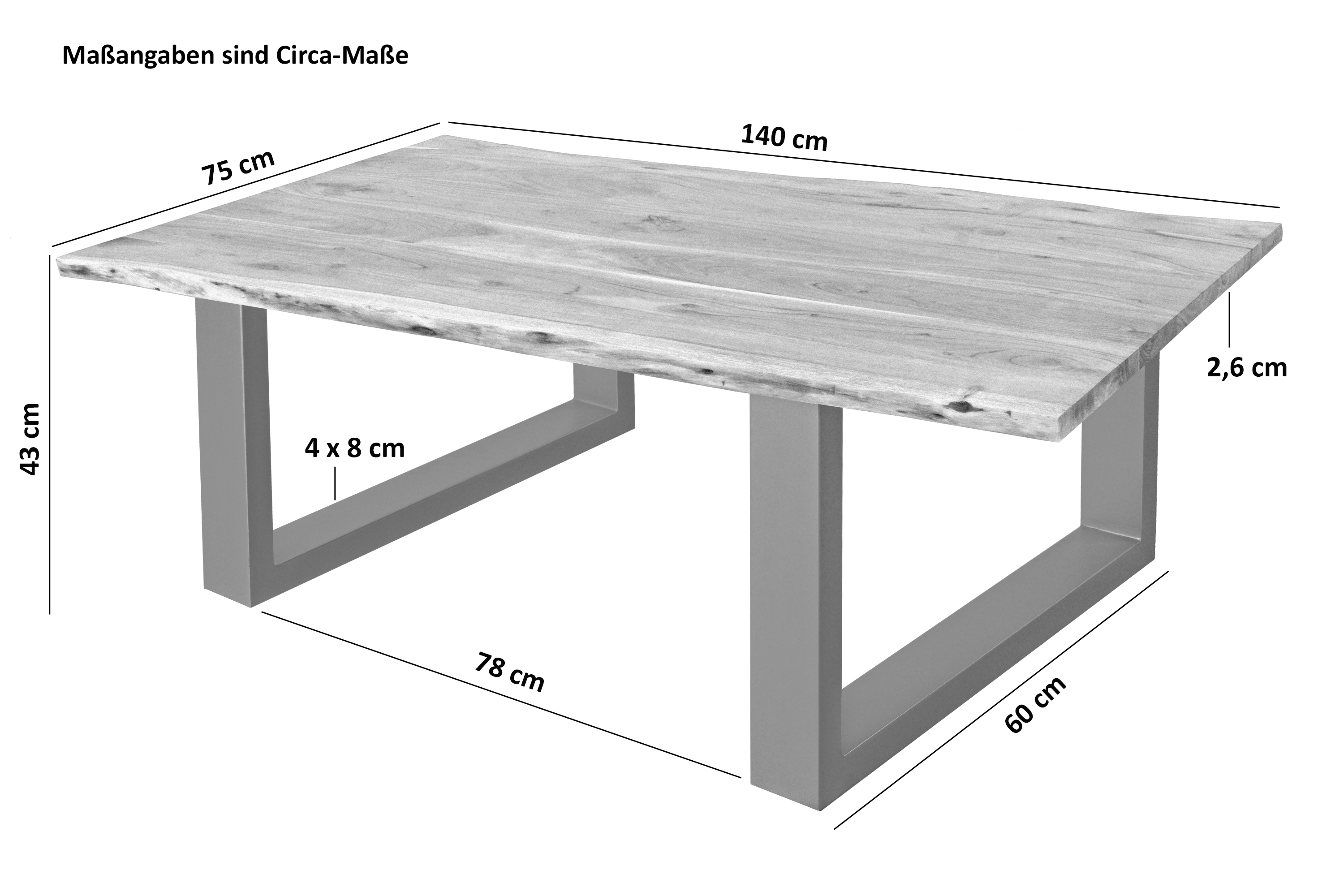 Couchtisch Baumkante massiv Akazie Natur 140 x 75 cm U-Gestell silber INSA