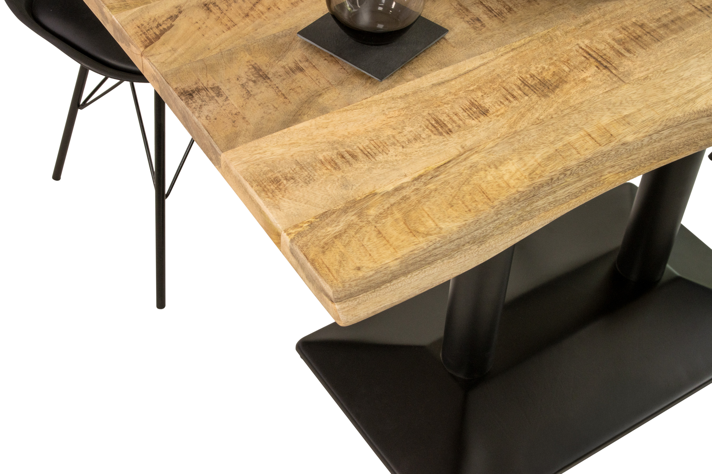 Bistrotisch Baumkante massiv 120 x 60 cm naturfarben Mango Doppelsäulengestell schwarz ISLA