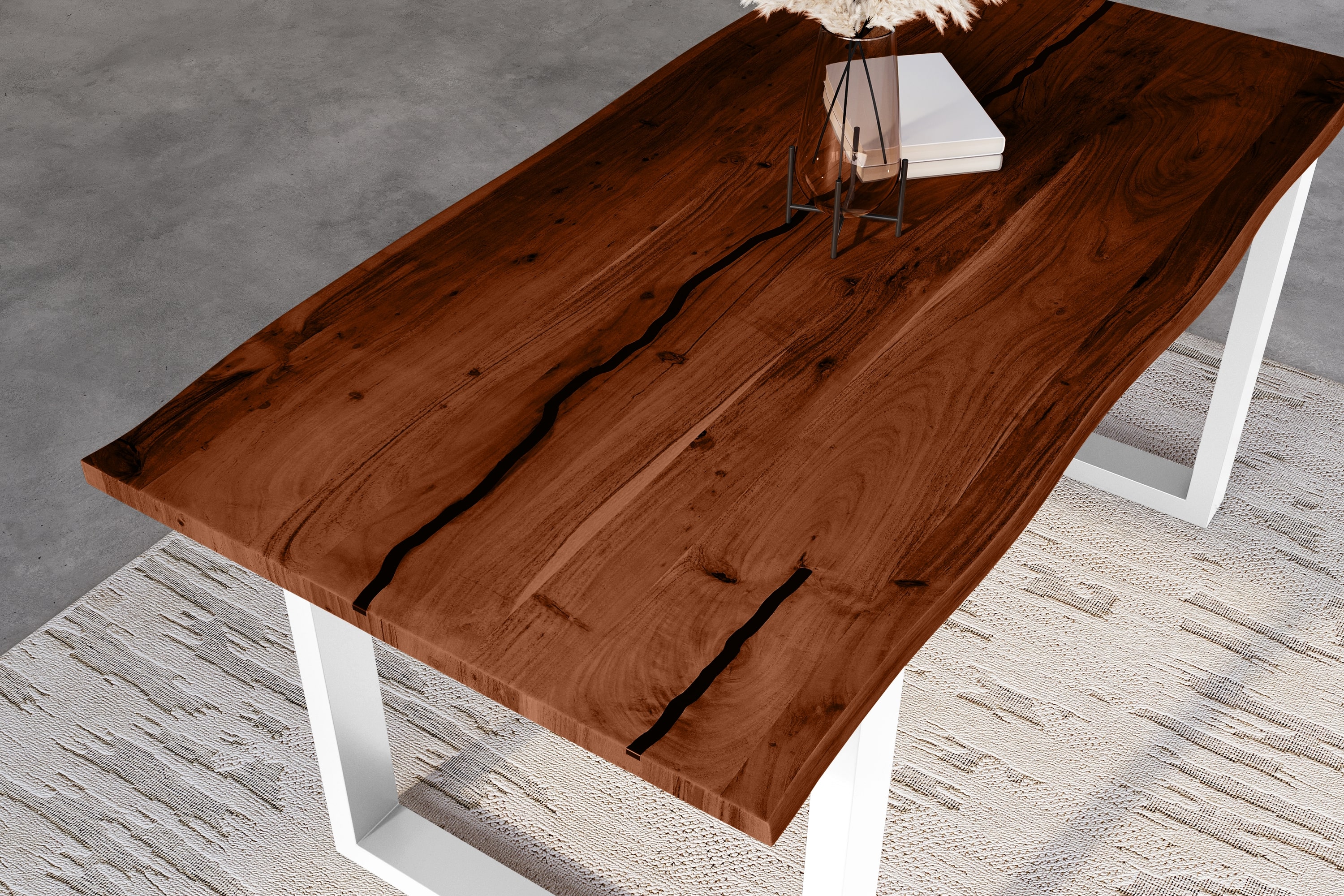 Baumkantentisch Akazie mit schwarzen Resin-Adern nussbaumfarben 180 x 90 cm U-Gestell weiß POLLY