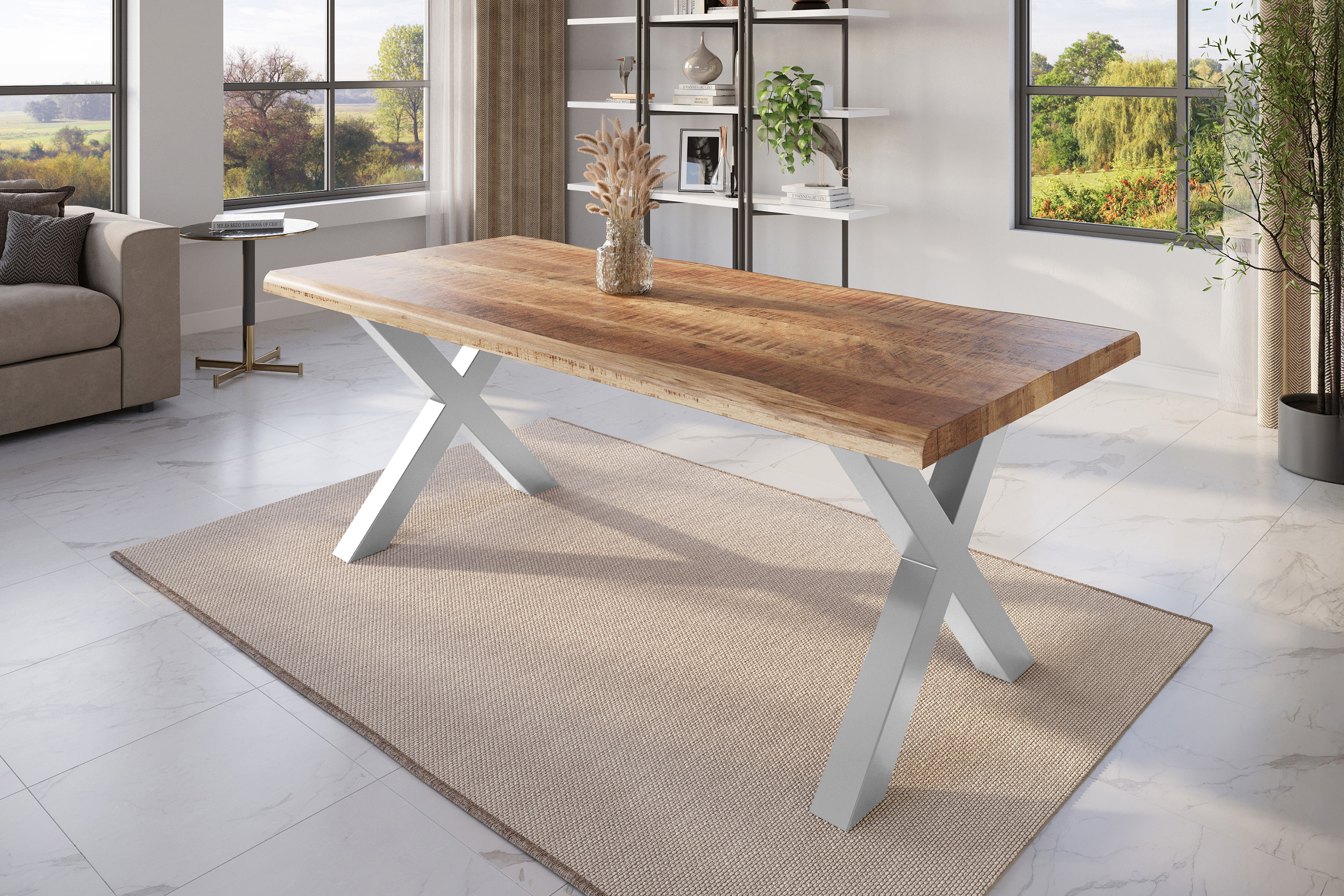 Esstisch Baumkante massiv Mango rough 220 x 100 X-Gestell silber ATLAS