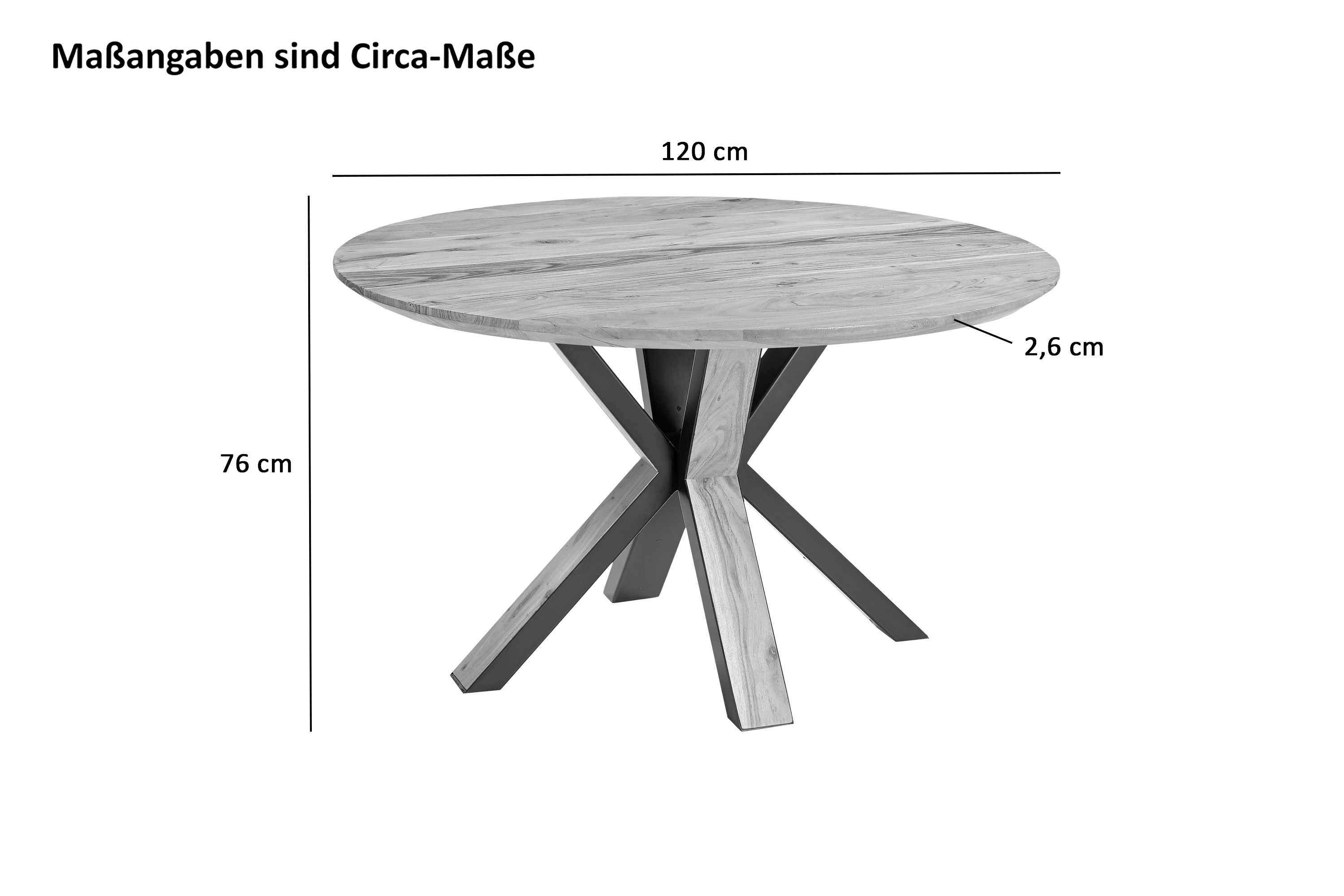 Runder Esszimmertisch Akazie naturfarben Schweizer Kante 120 cm Spider-Gestell schwarz aus Metall + Holz KIMBERLY