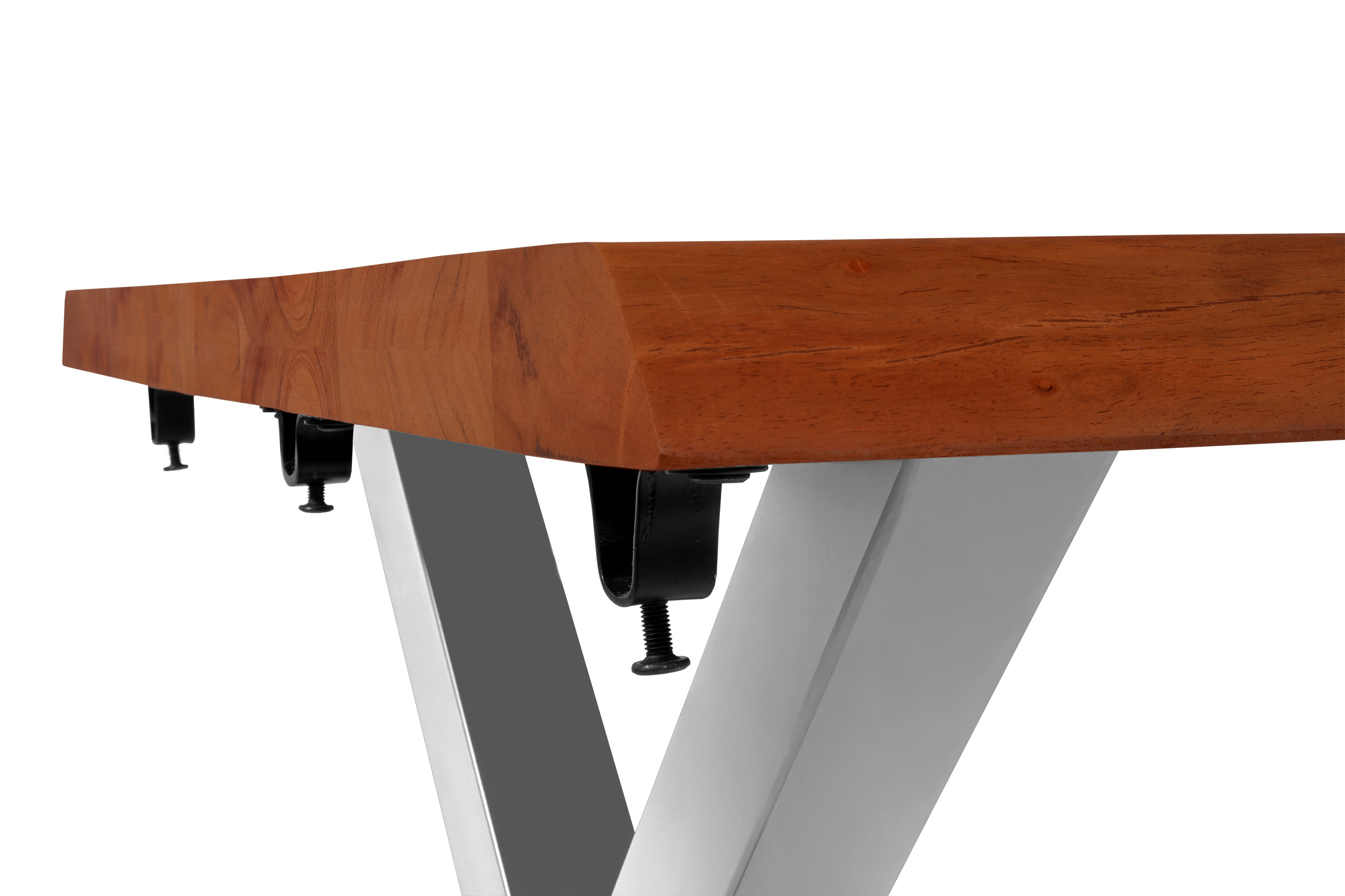 Esstisch Baumkante Akazie nuss 140 (220) x 90 cm X-Gestell silber mit Ansteckplatten CALI