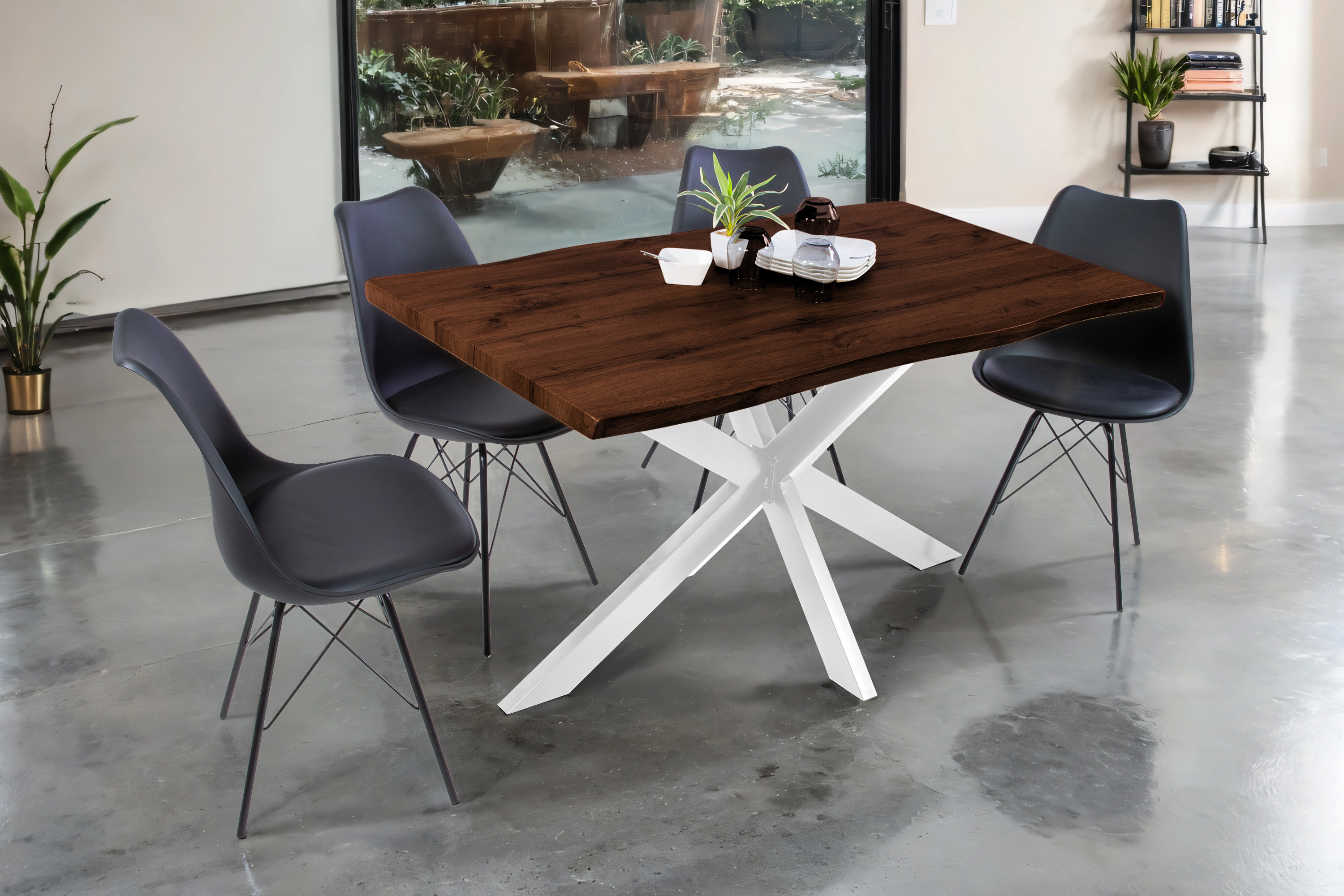 Esstisch Baumkante Holz-Optik Nussbaum 120 x 80 Spider-Gestell weiß JOSY