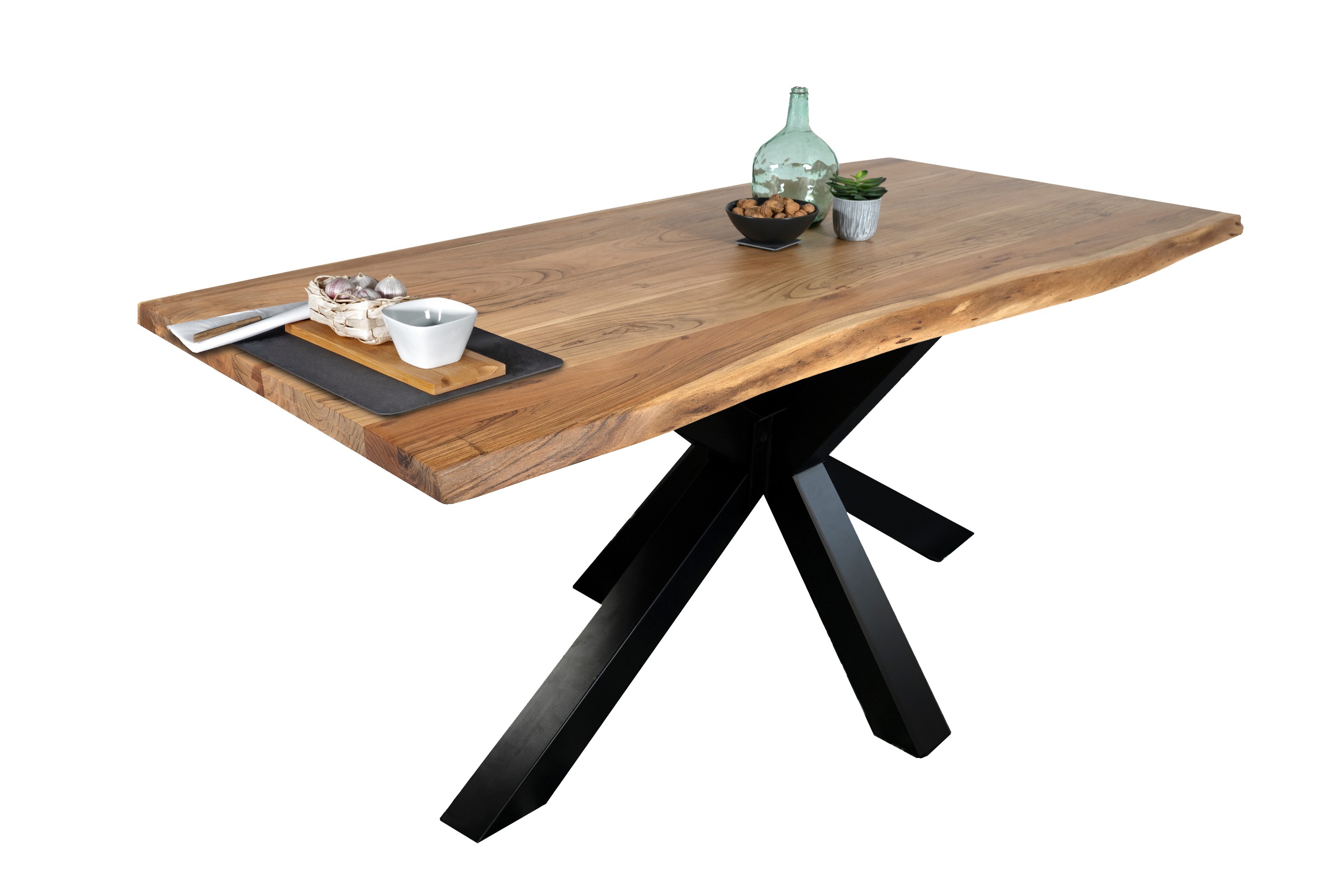 Esstisch Baumkante massiv Akazie Natur 300 x 100 Spider-Gestell schwarz JIM