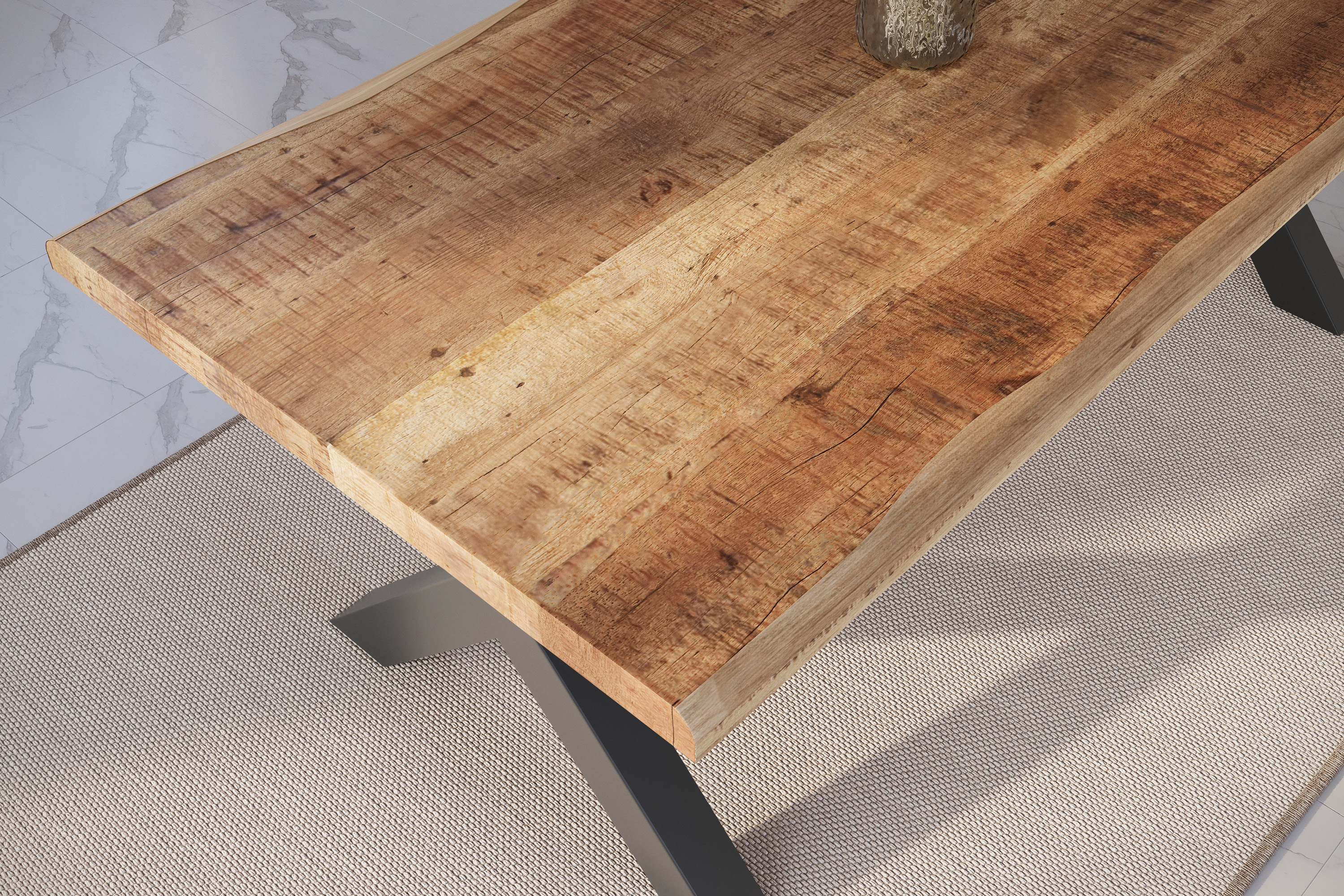 Esstisch Baumkante massiv Mango rough 220 x 100 X-Gestell schwarz ATLAS