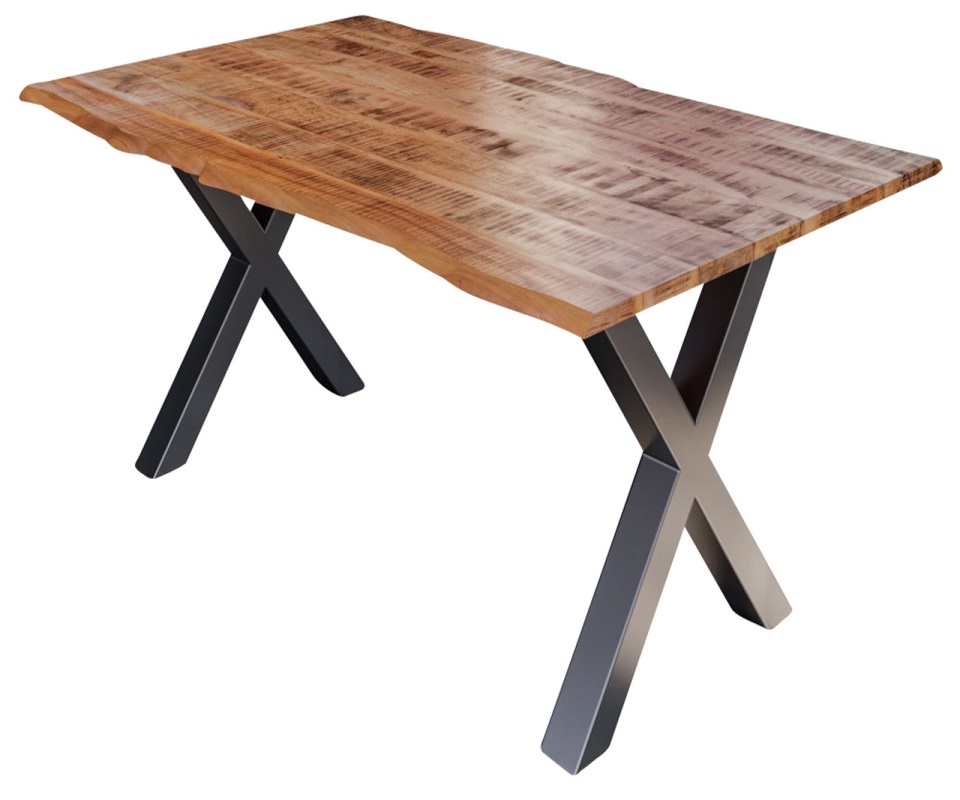 Essgruppe 160 cm Mango naturfarben X-Gestell silber mit 6 Stühlen DORA