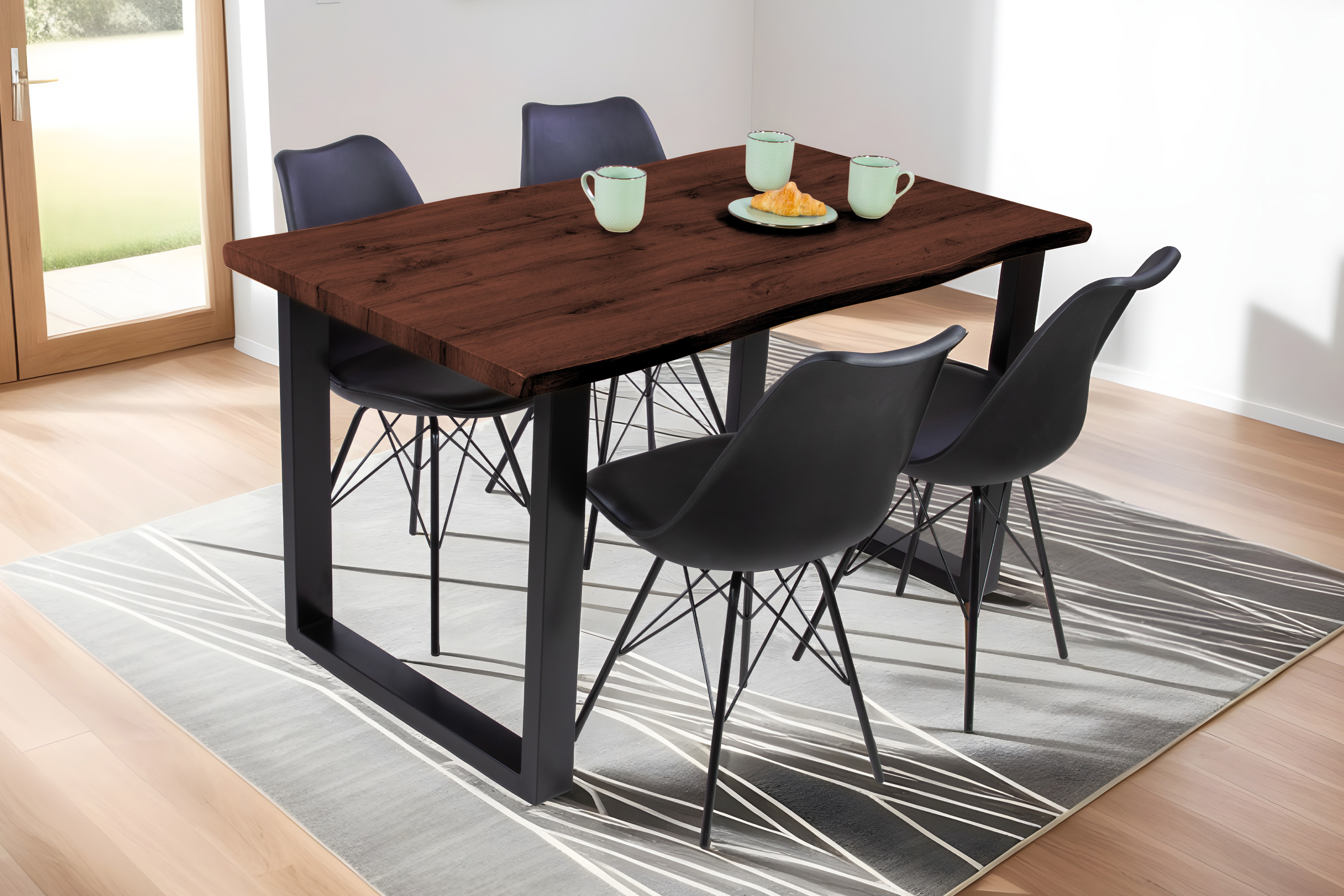 Esstisch Baumkante Holz-Optik Nussbaum 140 x 80 U-Gestell schwarz JOSY