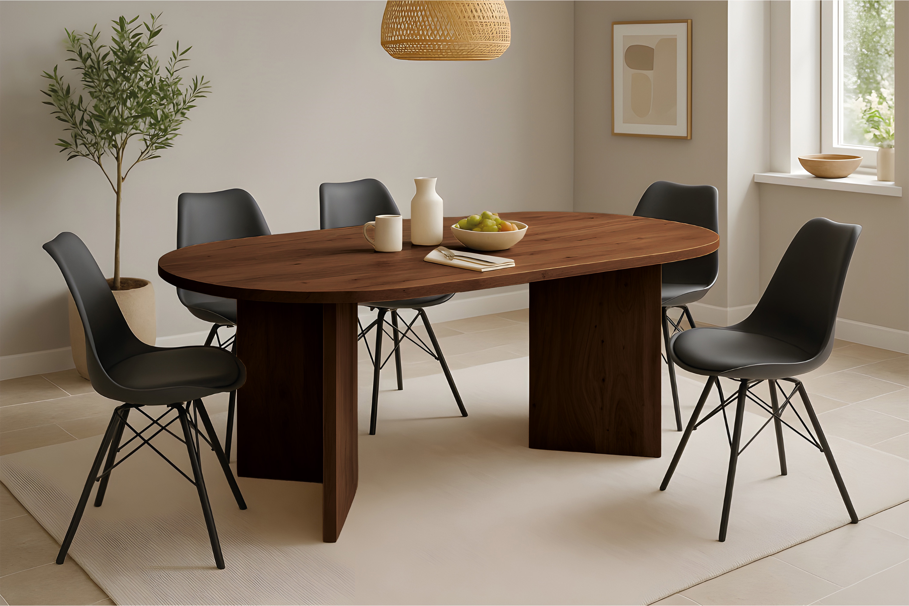 Esstisch 160 x 90 cm Akazienholz Nussbaum gerade Kante oval V-Gestell LAURIE