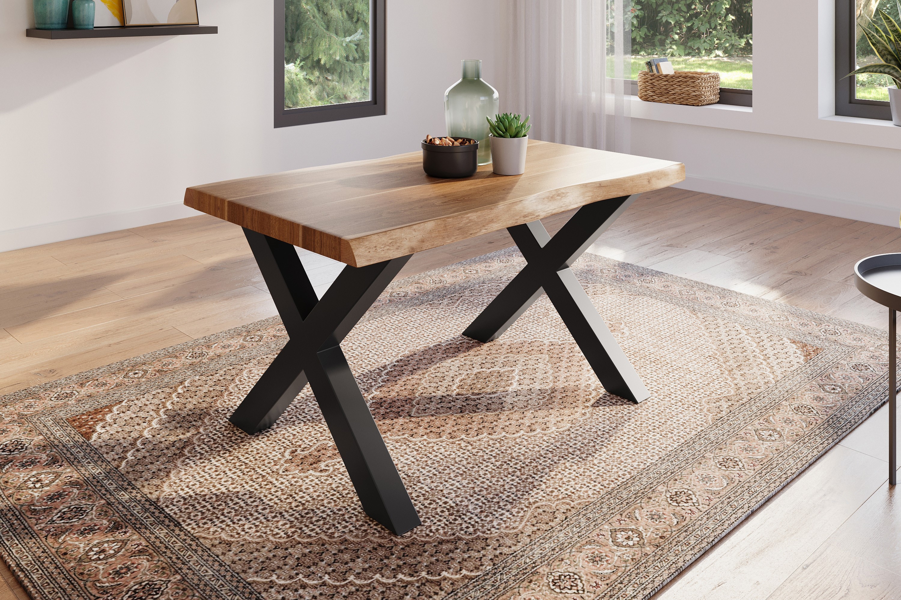 Esstisch Baumkante massiv Akazie Natur 140 x 80 X-Gestell schwarz ATLAS