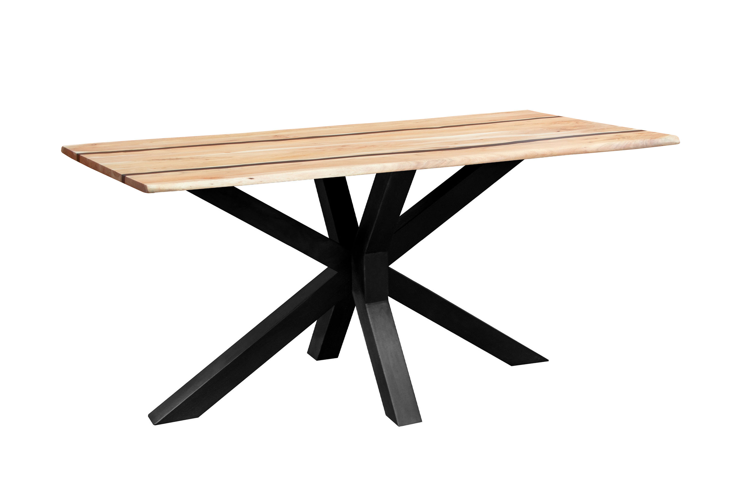 Esstisch 160 x 85 cm Akazie massiv natur mit schwarzen Resin-Adern Spider-Gestell schwarz PETER