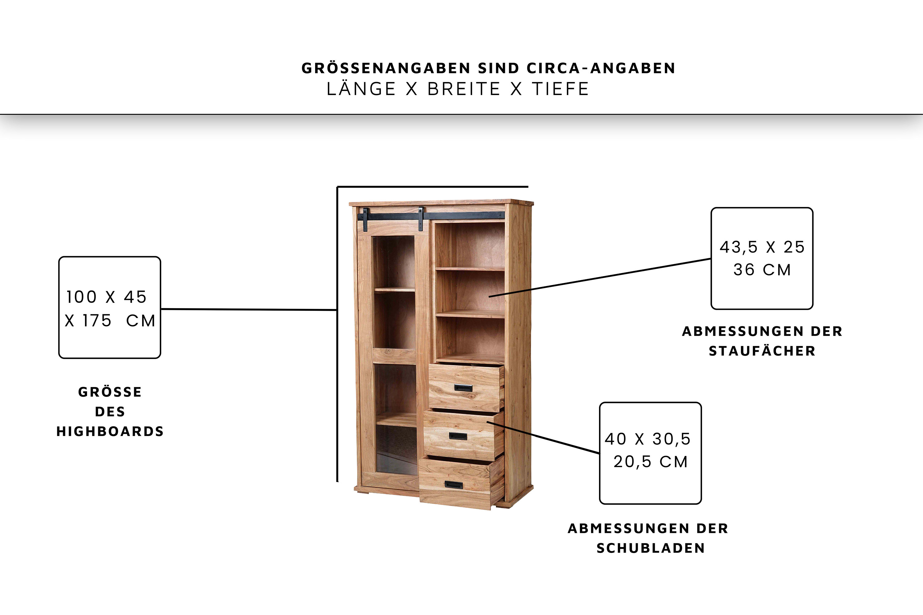Highboard 100 x 45 x 175 cm Akazienholz massiv naturfarben ohne Baumkante LIAN 4