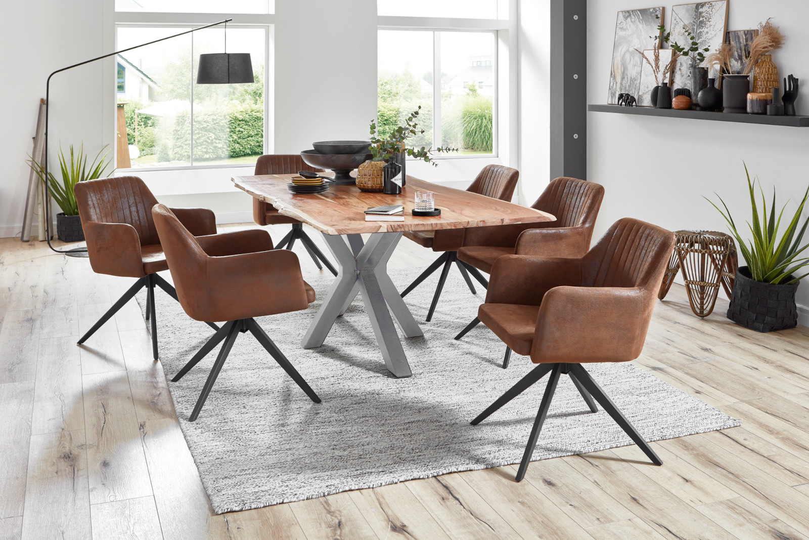  Esstisch Baumkante massiv Akazie natur 120 cm Spider-Gestell silber QUINCY