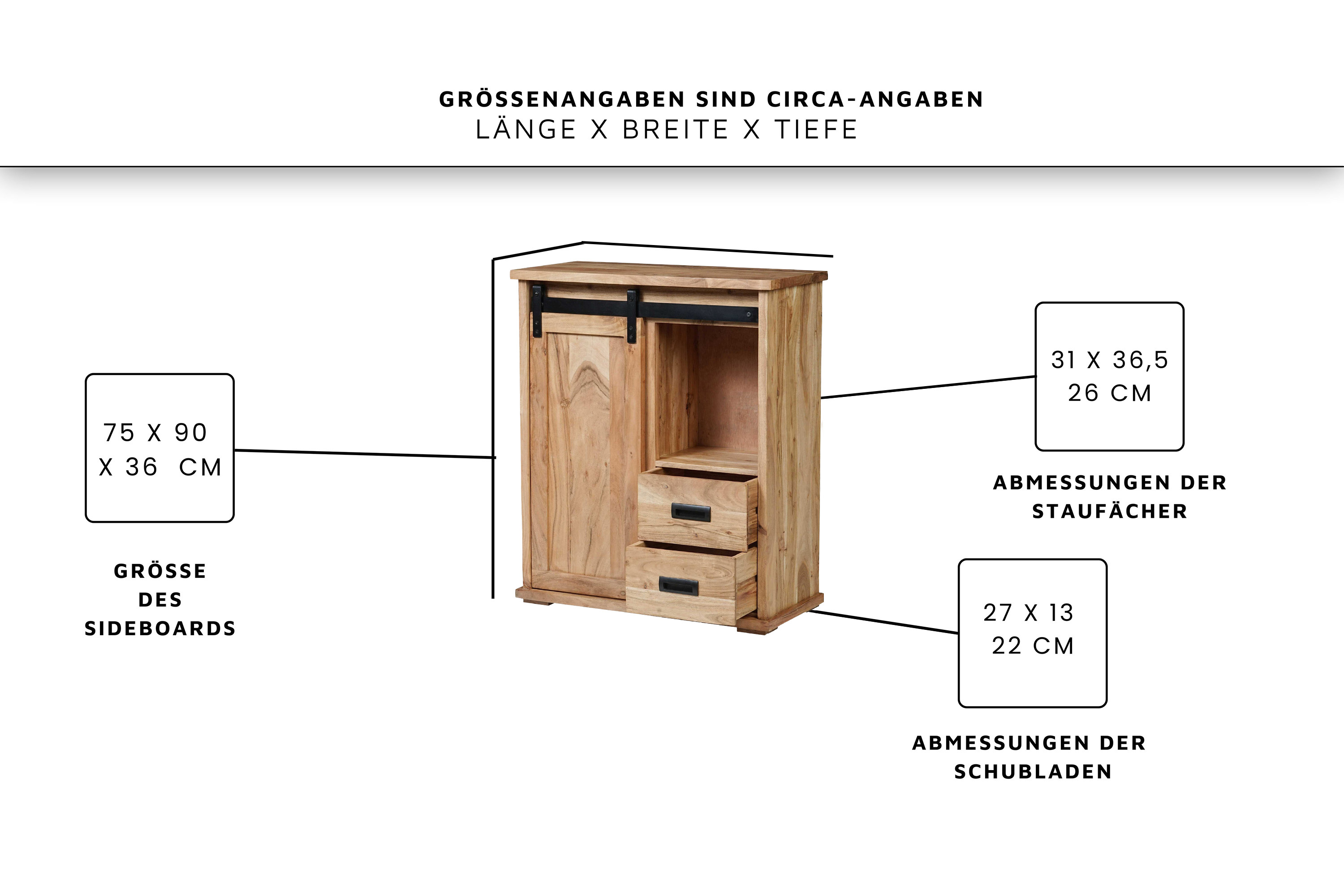 Sideboard 75 x 36 x 90 cm Akazienholz massiv naturfarben ohne Baumkante LIAN 3