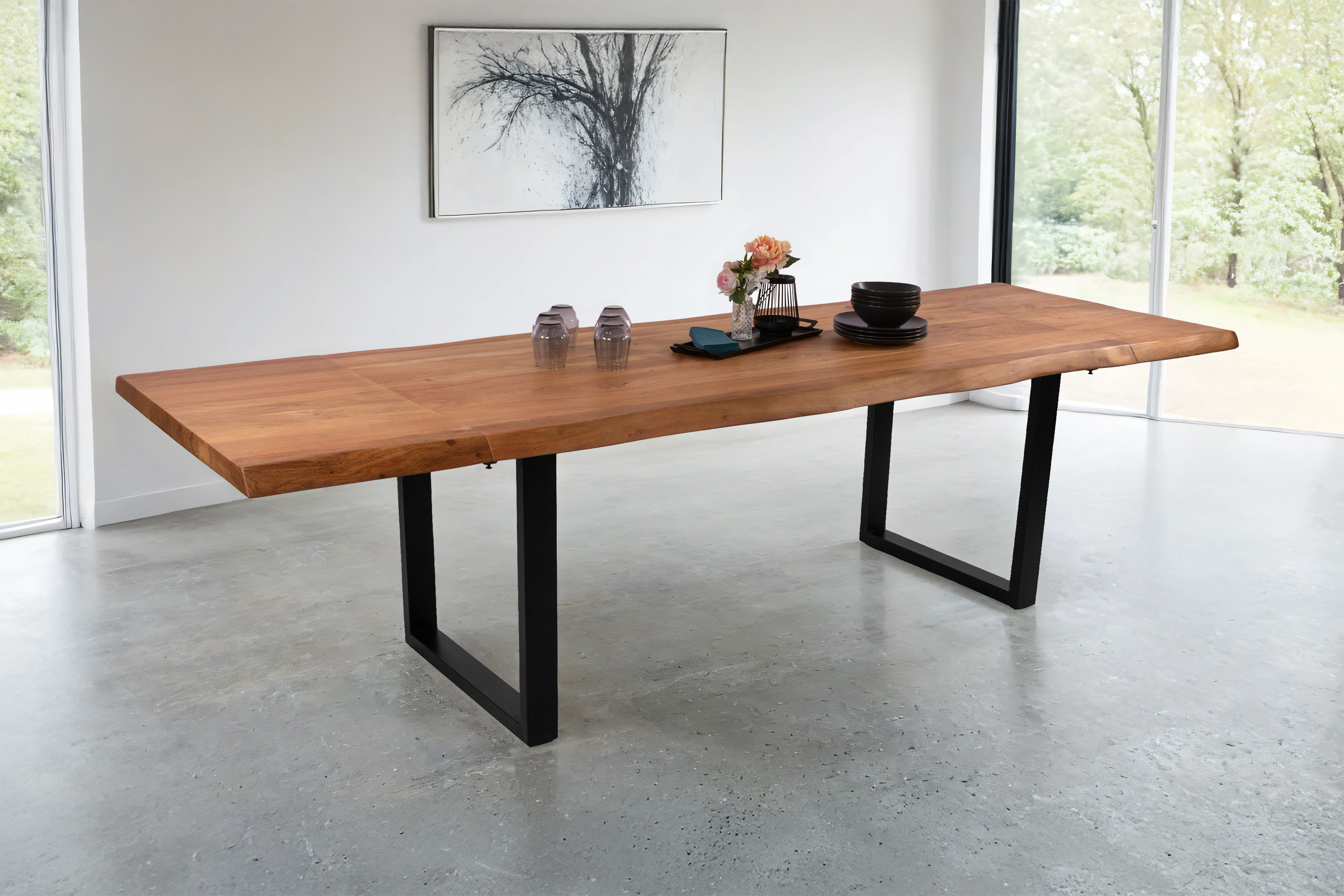 Esstisch Baumkante Akazie natur 180 (280) x 90 U-Gestell schwarz mit Ansteckplatten CALI