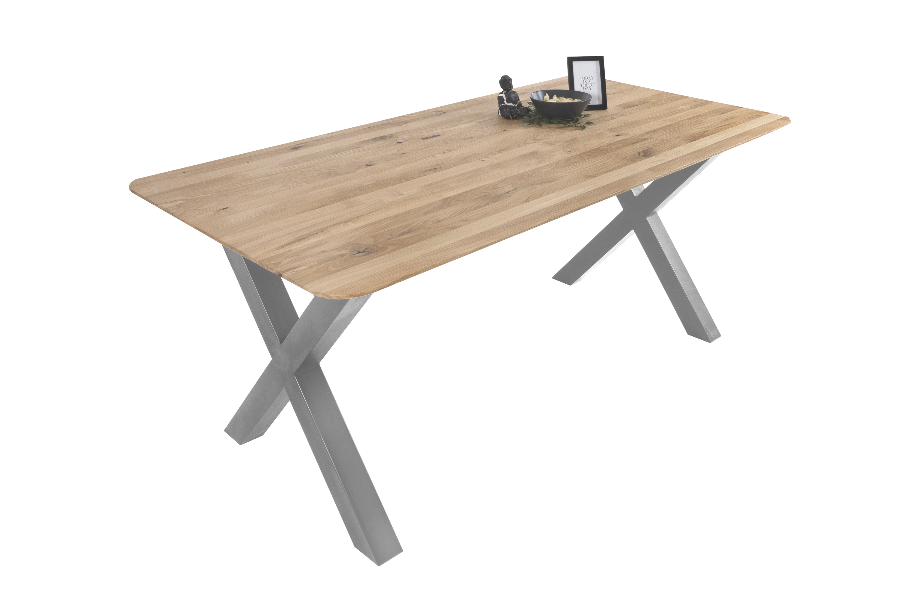 Esszimmertisch Schweizer Kante eckig massiv & geölt Eiche 160x85 silber X-Gestell Lotte