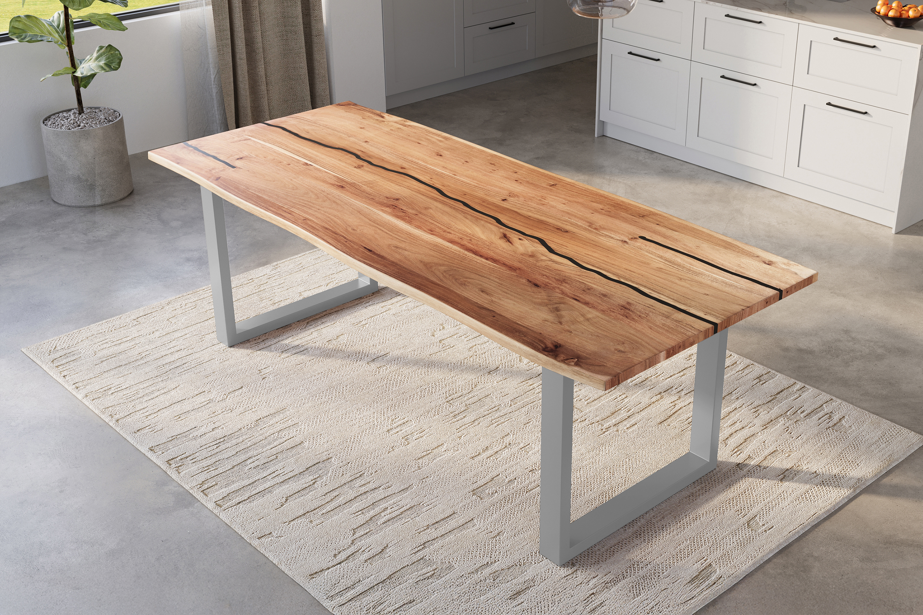Baumkantentisch Akazie mit schwarzen Resin-Adern naturfarben 260 x 100 cm U-Gestell silber POLLY