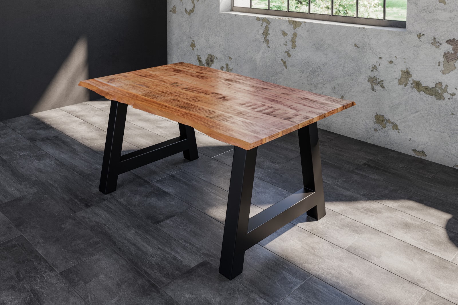 Essgruppe 140 cm Mango naturfarben A-Gestell schwarz mit 6 Stühlen DORA