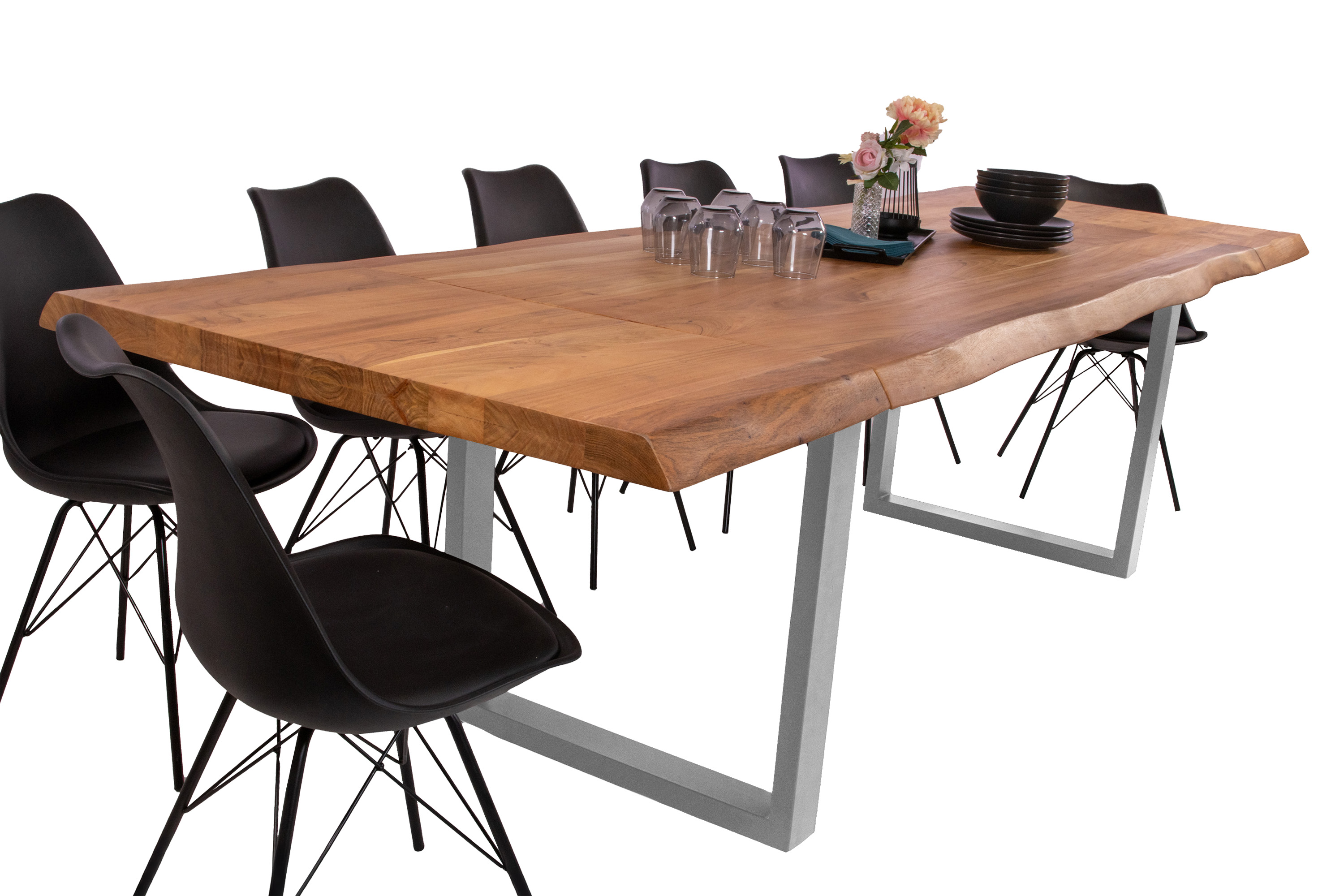 Esstisch Baumkante Akazie natur 200 (300) x 100 U-Gestell silber mit Ansteckplatten CALI
