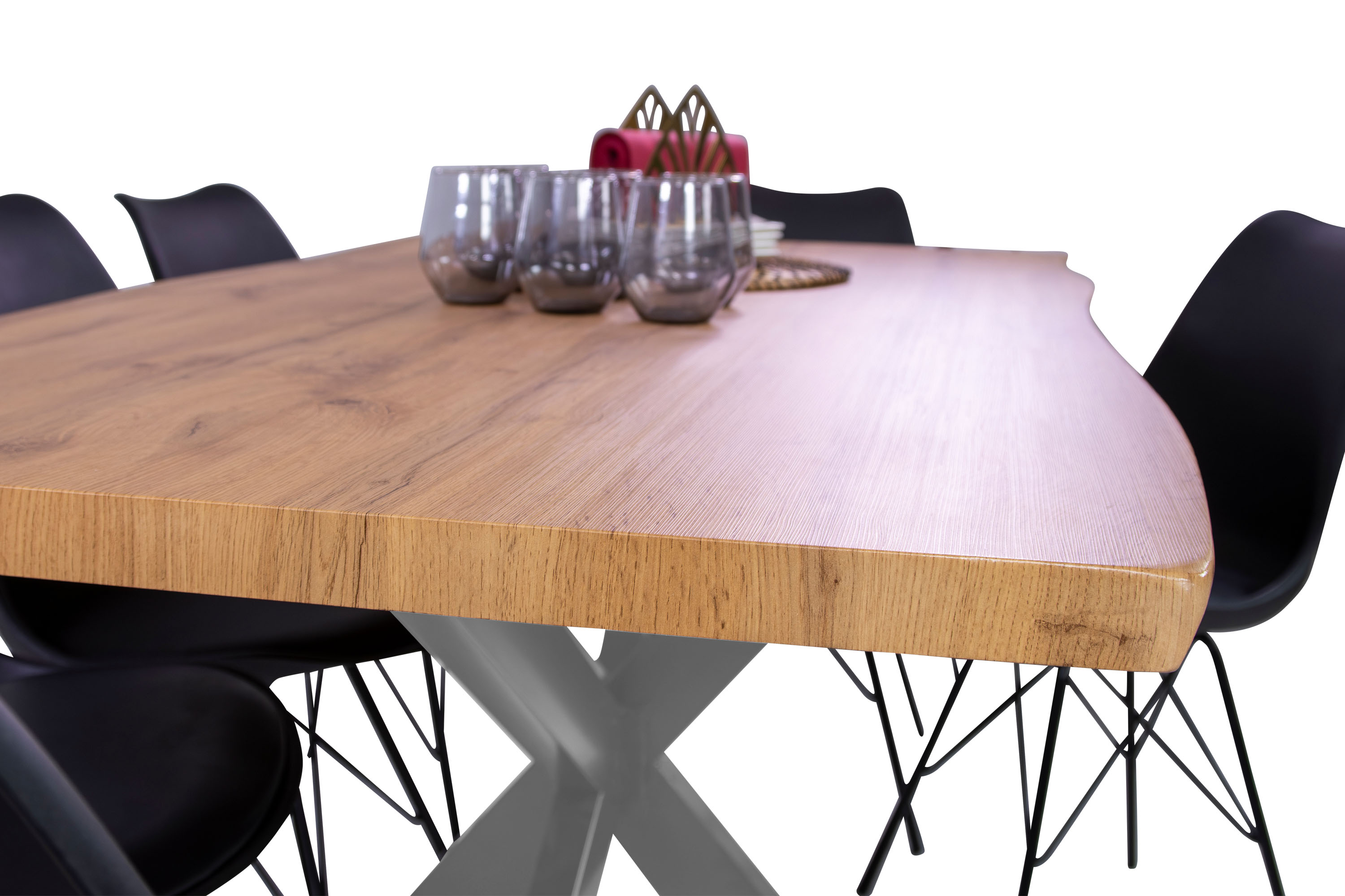 Esstisch Baumkante Holz-Optik Wildeiche 160 x 85 Spider-Gestell silber JOSY