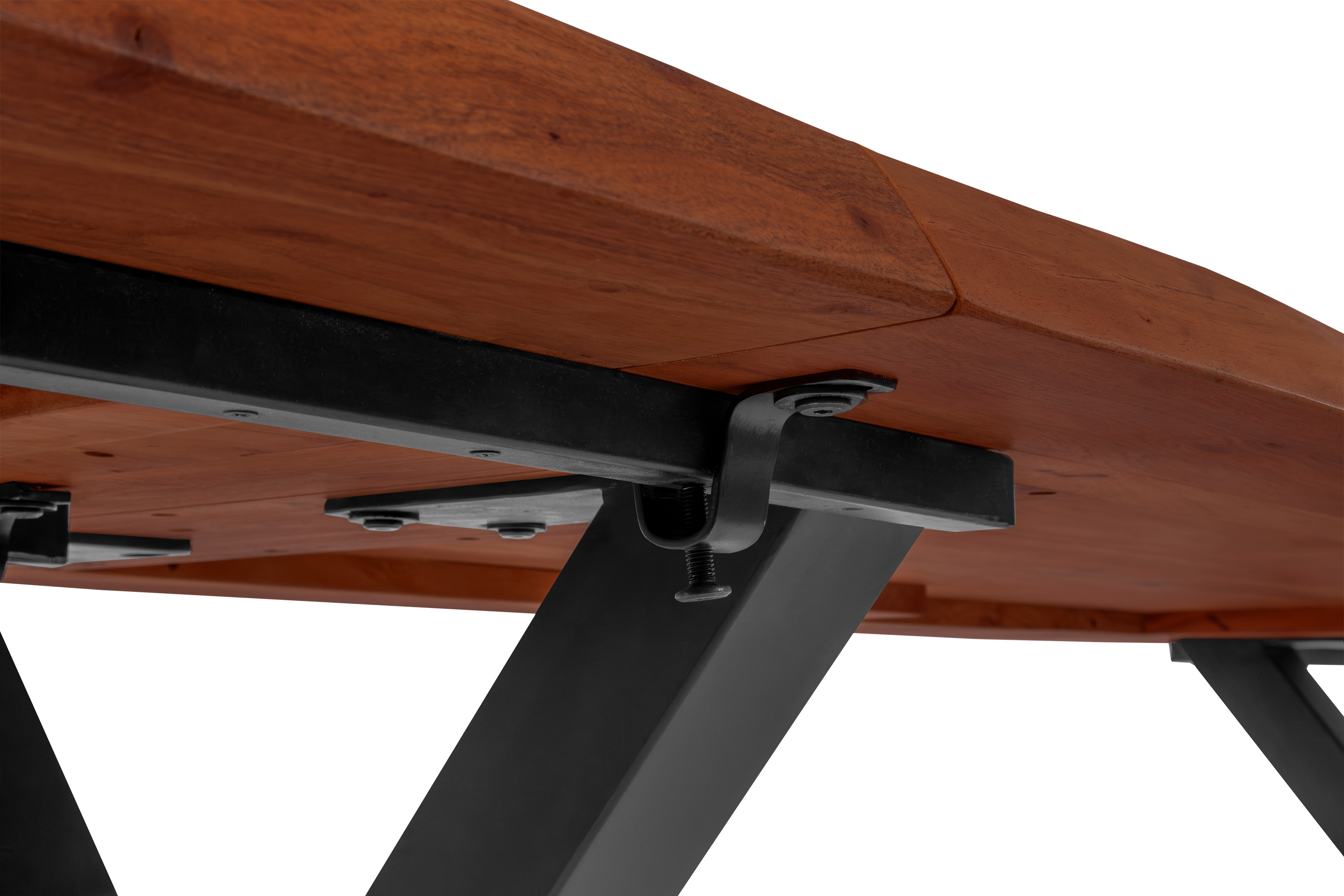 Esstisch Baumkante Akazie nuss 140 (220) x 90 cm X-Gestell schwarz mit Ansteckplatten CALI