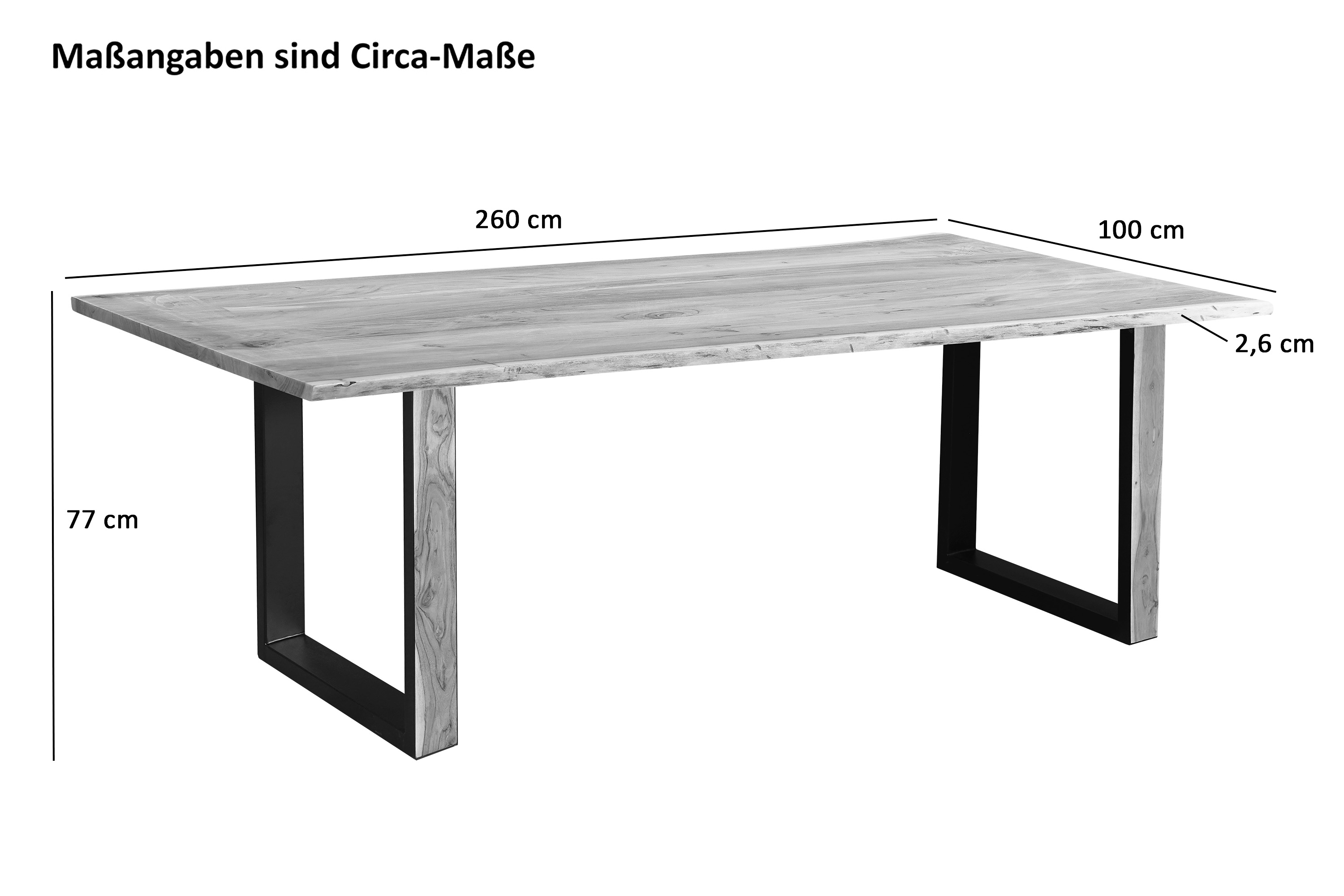 Baumkantentisch 260 x 100 cm Akazie massiv naturfarben schwarzem U-Gestell aus Metall + Holz MELBOURNE