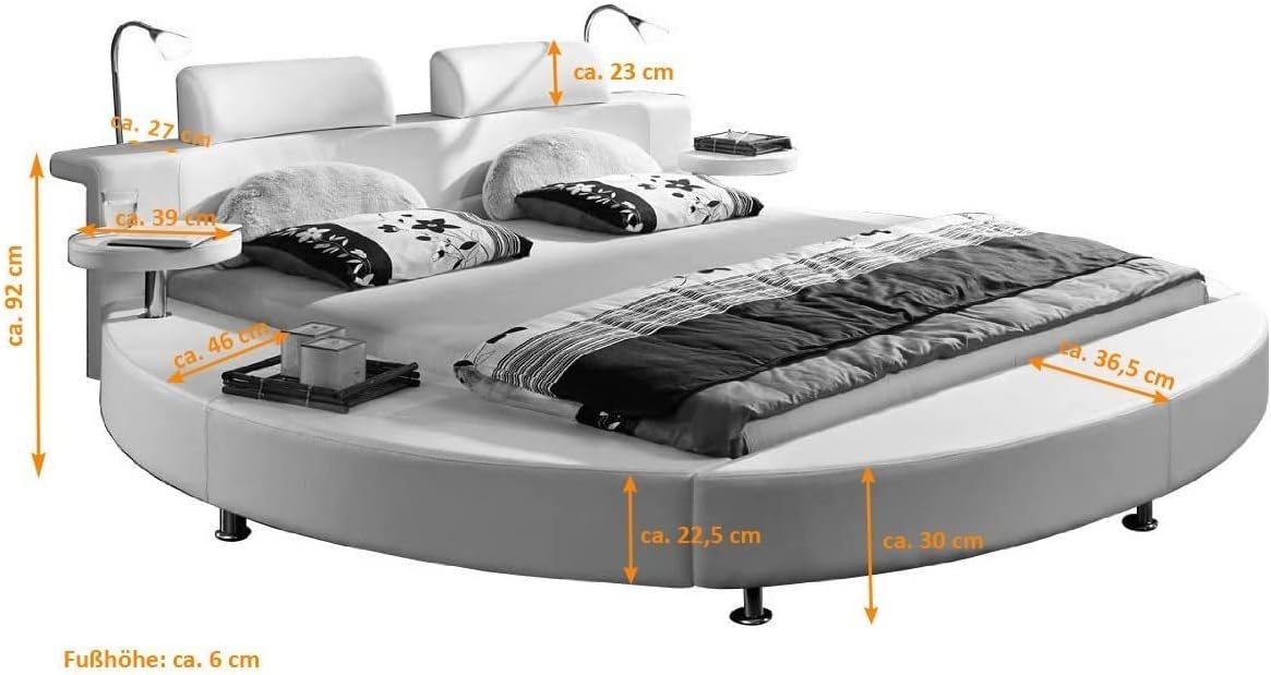 Rundbett Doppelbett 180 x 200 cm 2 Leselampen Weiß Classico