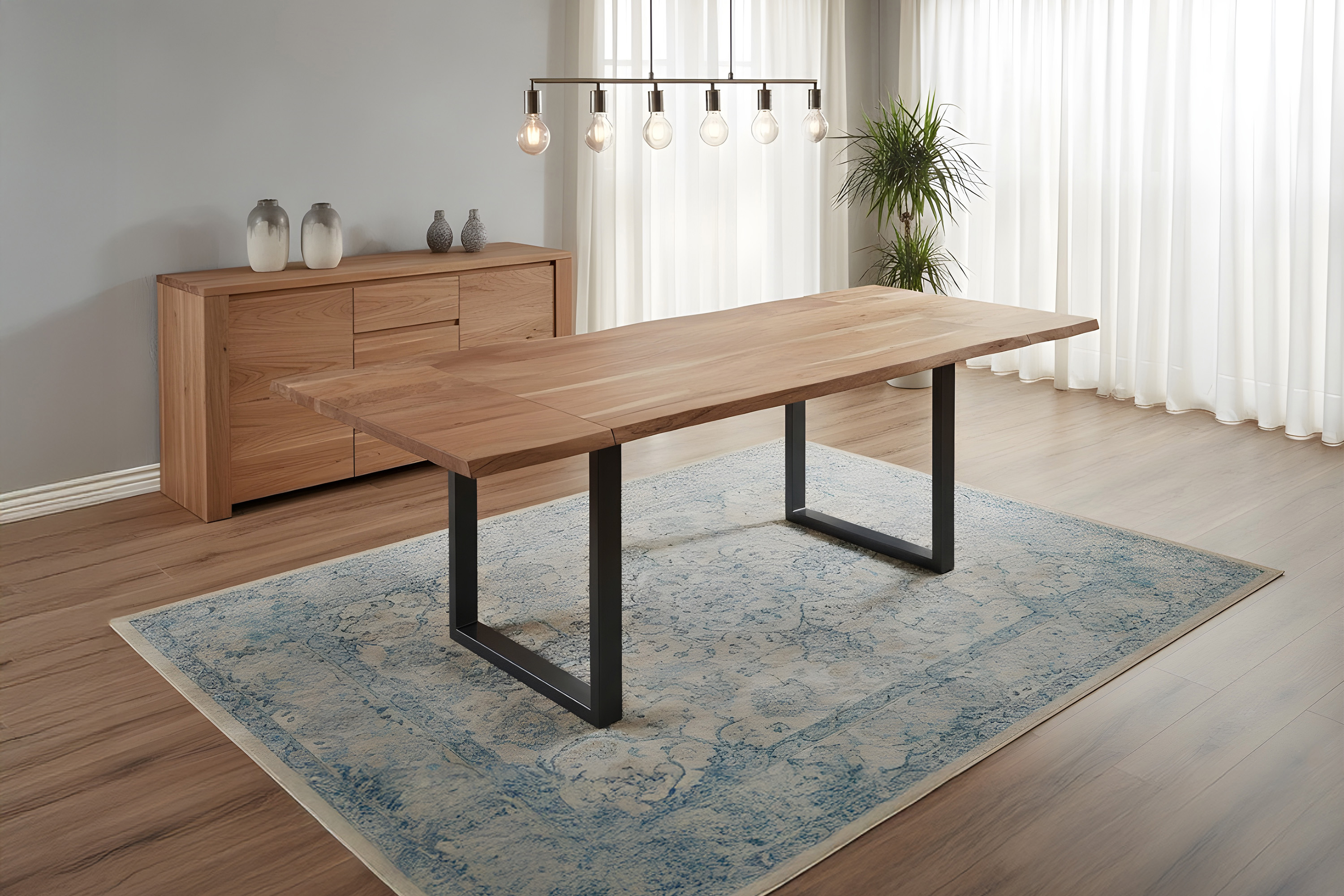 Esstisch Baumkante Akazie natur 140(220)x90 Ansteckplatten schwarz ADINA