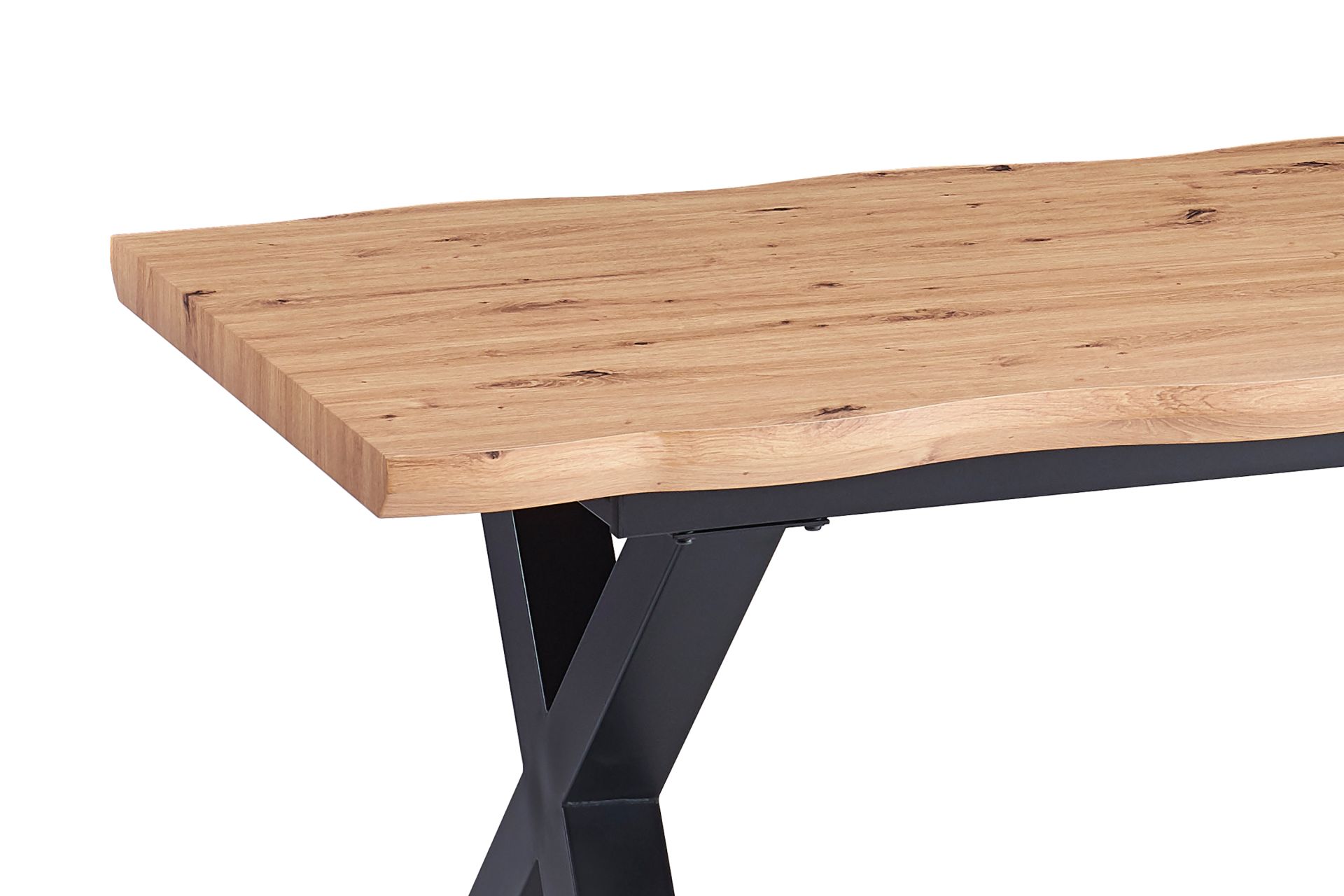 Esstisch Baumkante Holz Wildeiche-Optik 180(260) x 90 X-Gestell schwarz SWAN