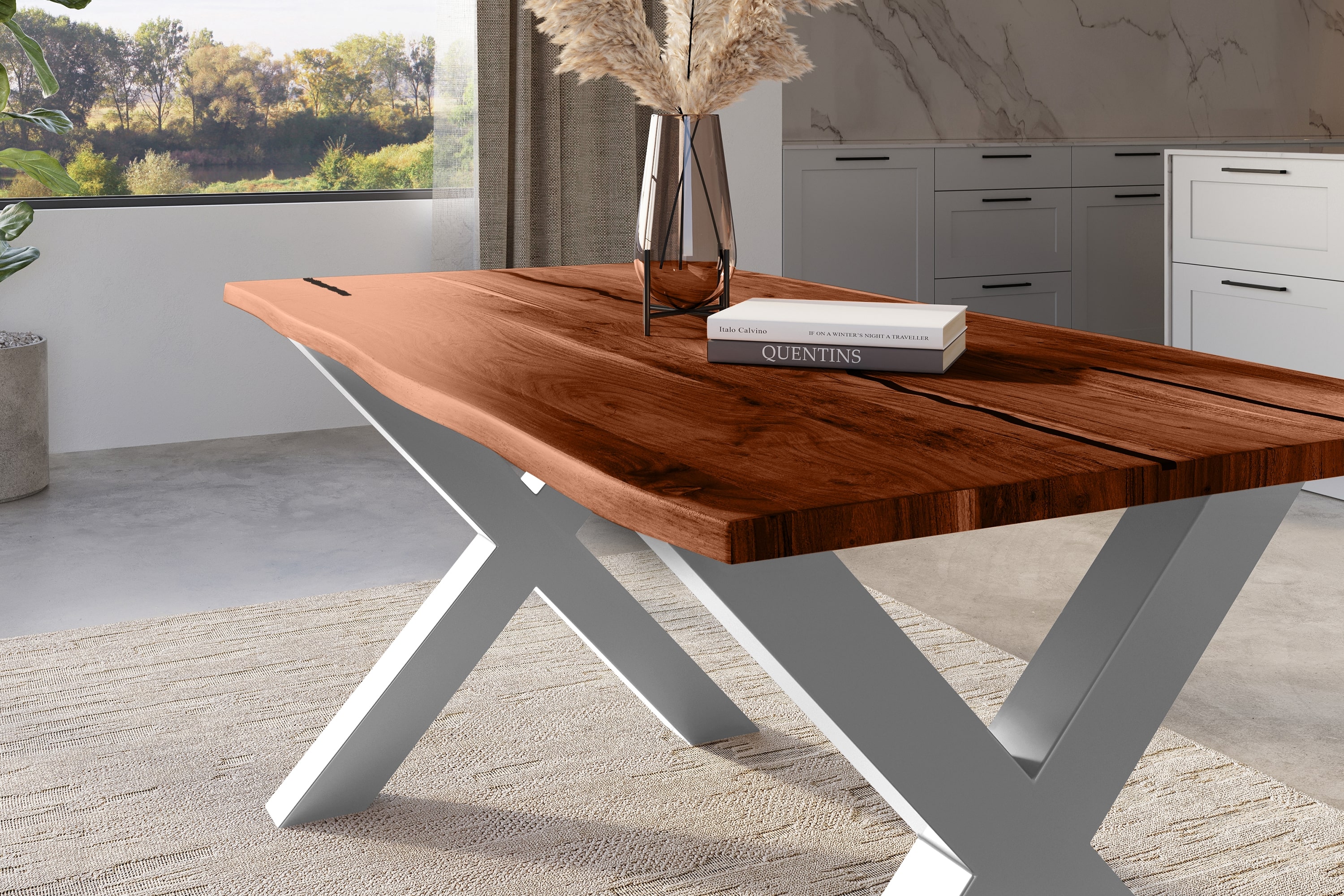 Baumkantentisch Akazie mit schwarzen Resin-Adern nussbaumfarben 180 x 90 cm X-Gestell silber POLLY