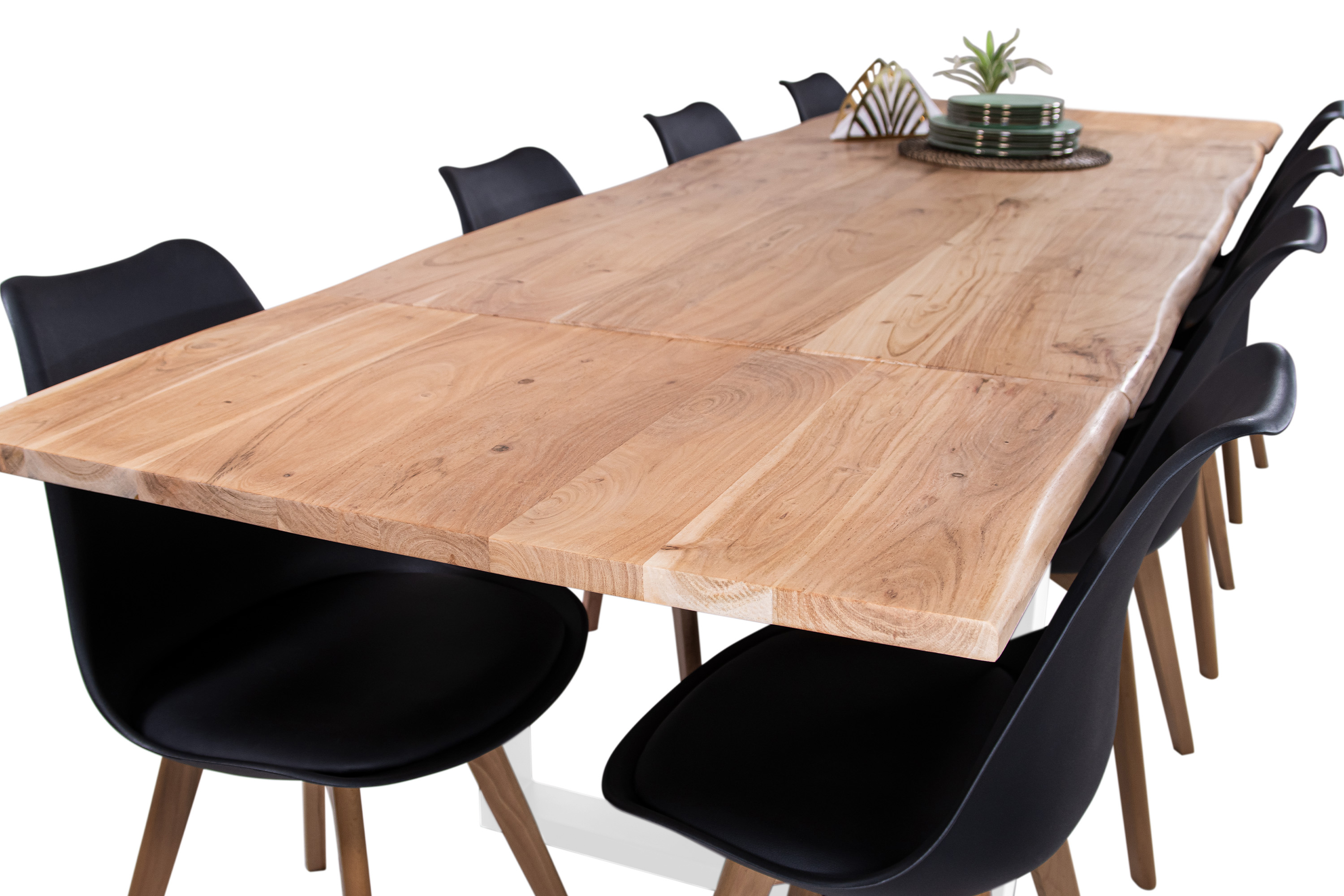 Esstisch Baumkante Akazie natur 180(280)x90 Ansteckplatten U-Gestell weiß AVINO