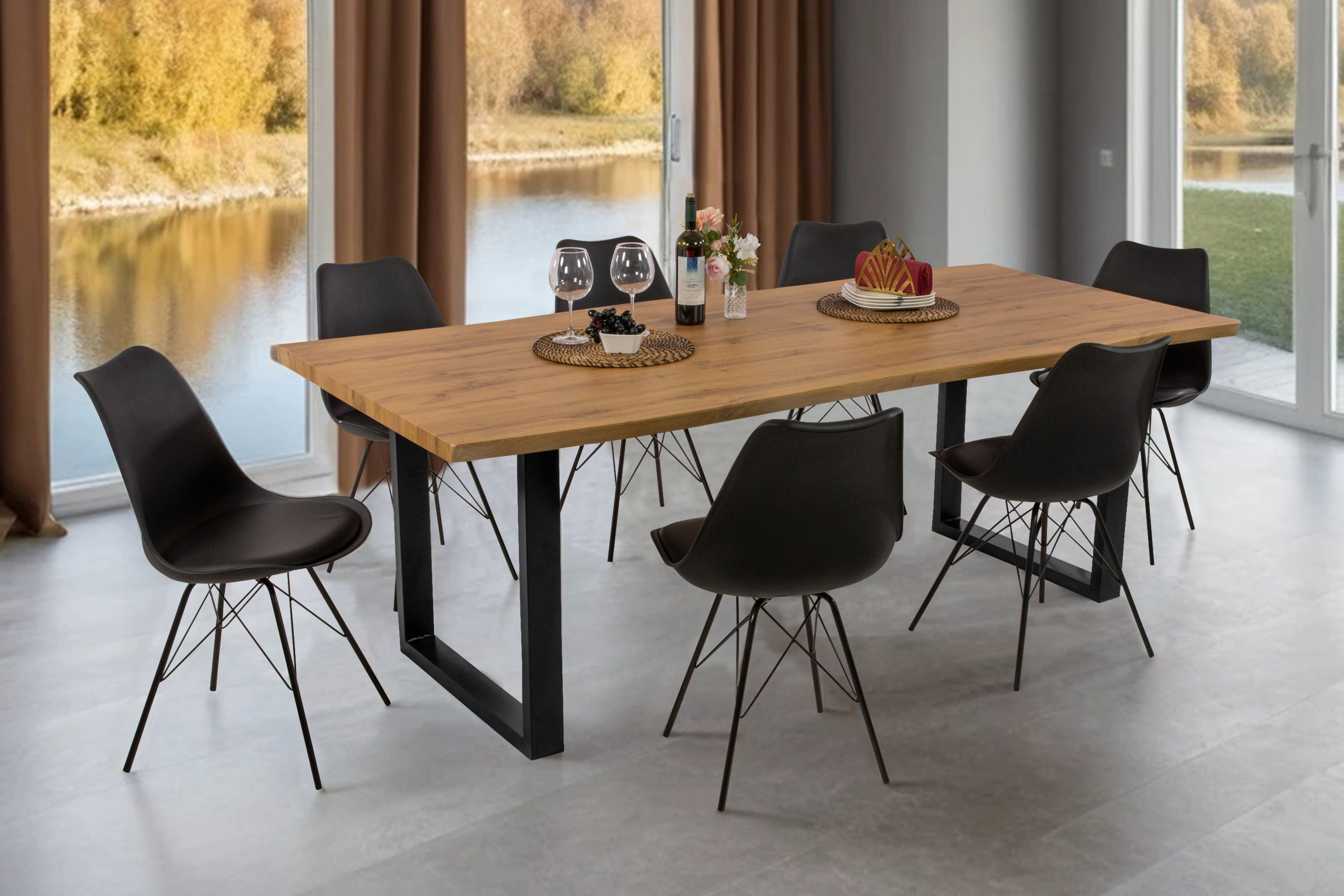 Esstisch Baumkante Holz-Optik Wildeiche 220 x 100 U-Gestell schwarz JOSY