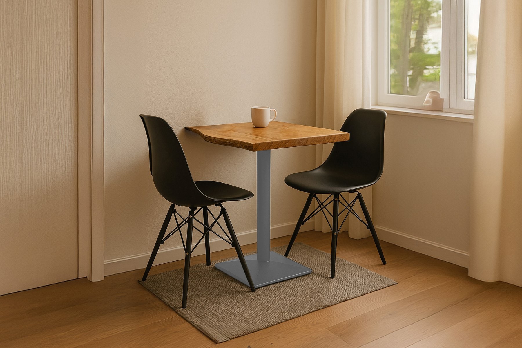Bistrotisch Baumkante massiv 60 x 60 cm Akazie naturfarben Säulengestell silber IRIS