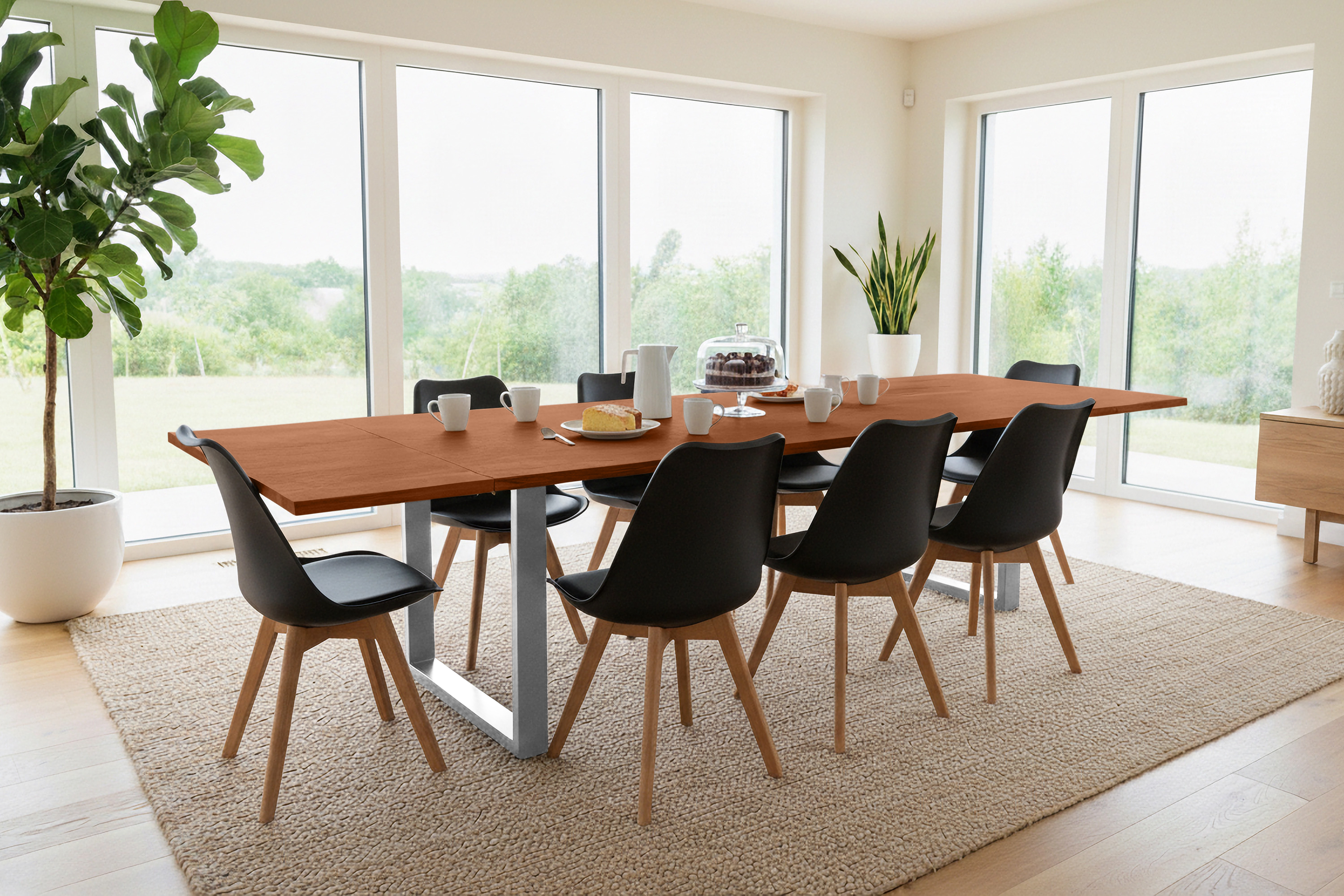Esstisch Baumkante Akazie nuss 220(320)x100 Ansteckplatten U-Gestell silber AVINO