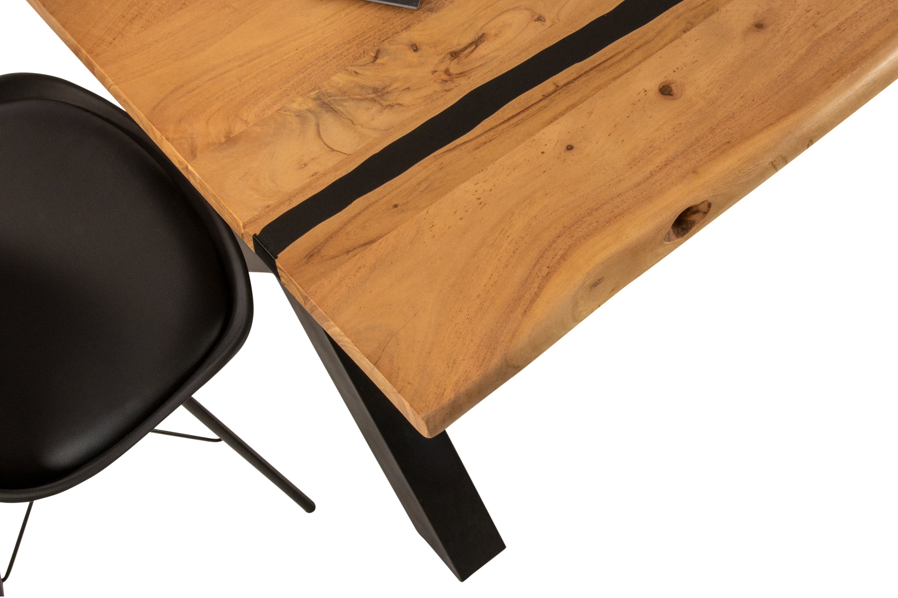 Esstisch 180 x 90 cm Akazie massiv natur mit schwarzen Resin-Adern X-Gestell schwarz PETER