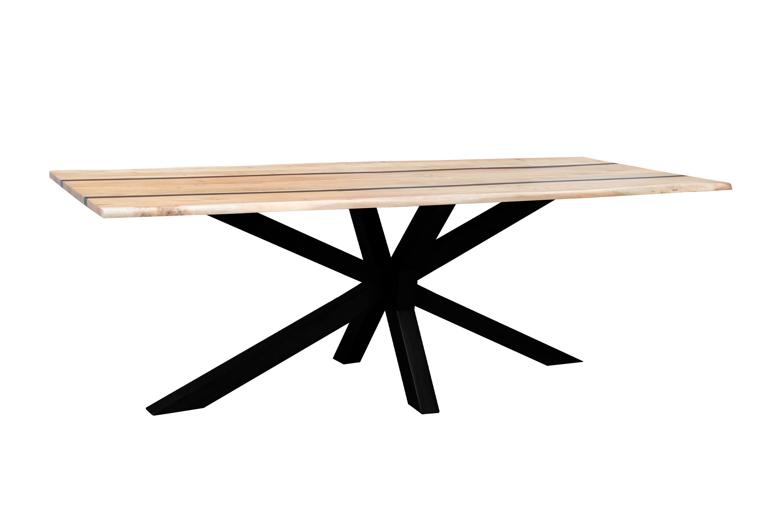 Esstisch 240 x 100 cm Akazie massiv natur mit schwarzen Resin-Adern Spider-Gestell schwarz PETER