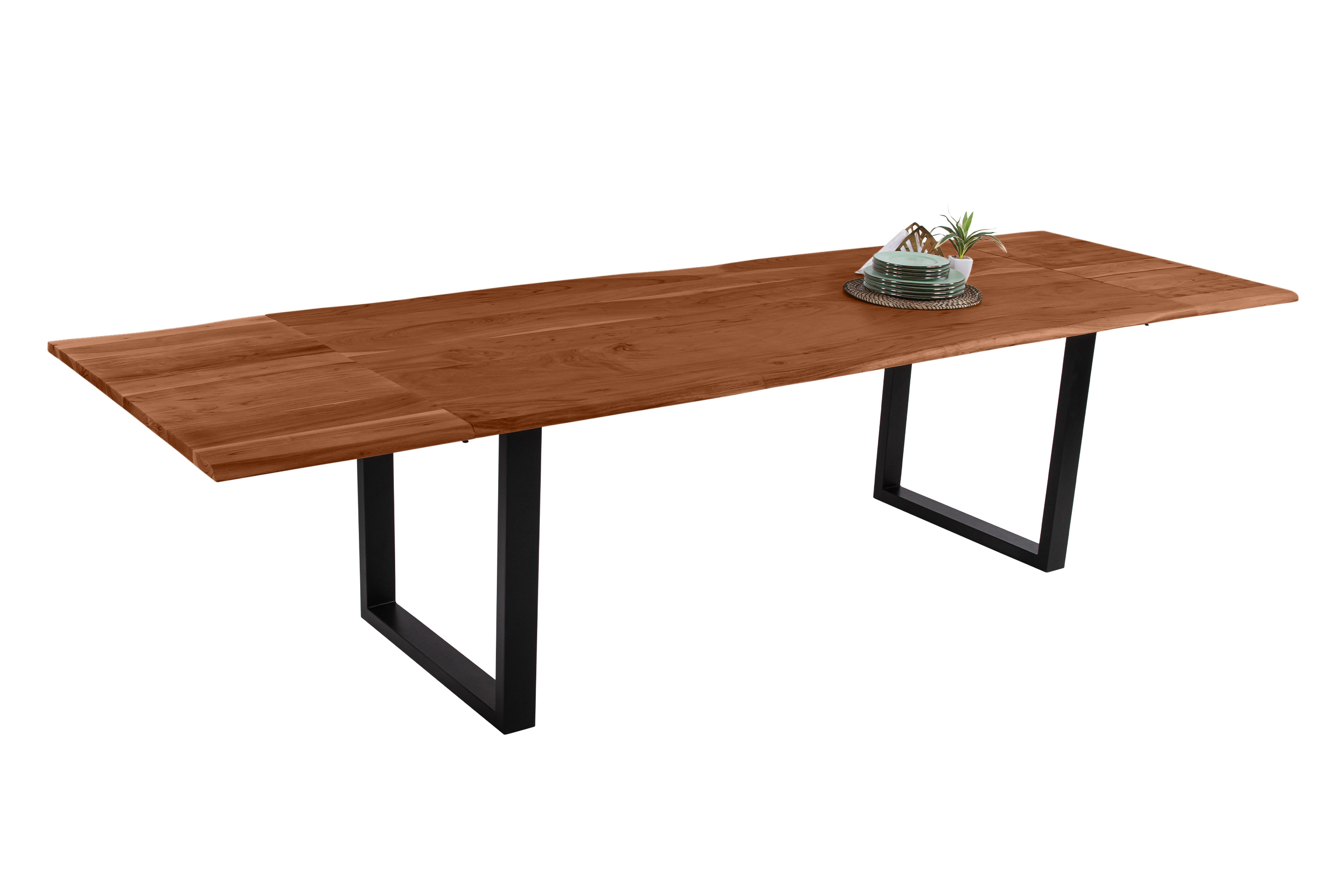 Esstisch Baumkante Akazie nuss 220(320)x100 Ansteckplatten U-Gestell schwarz AVINO